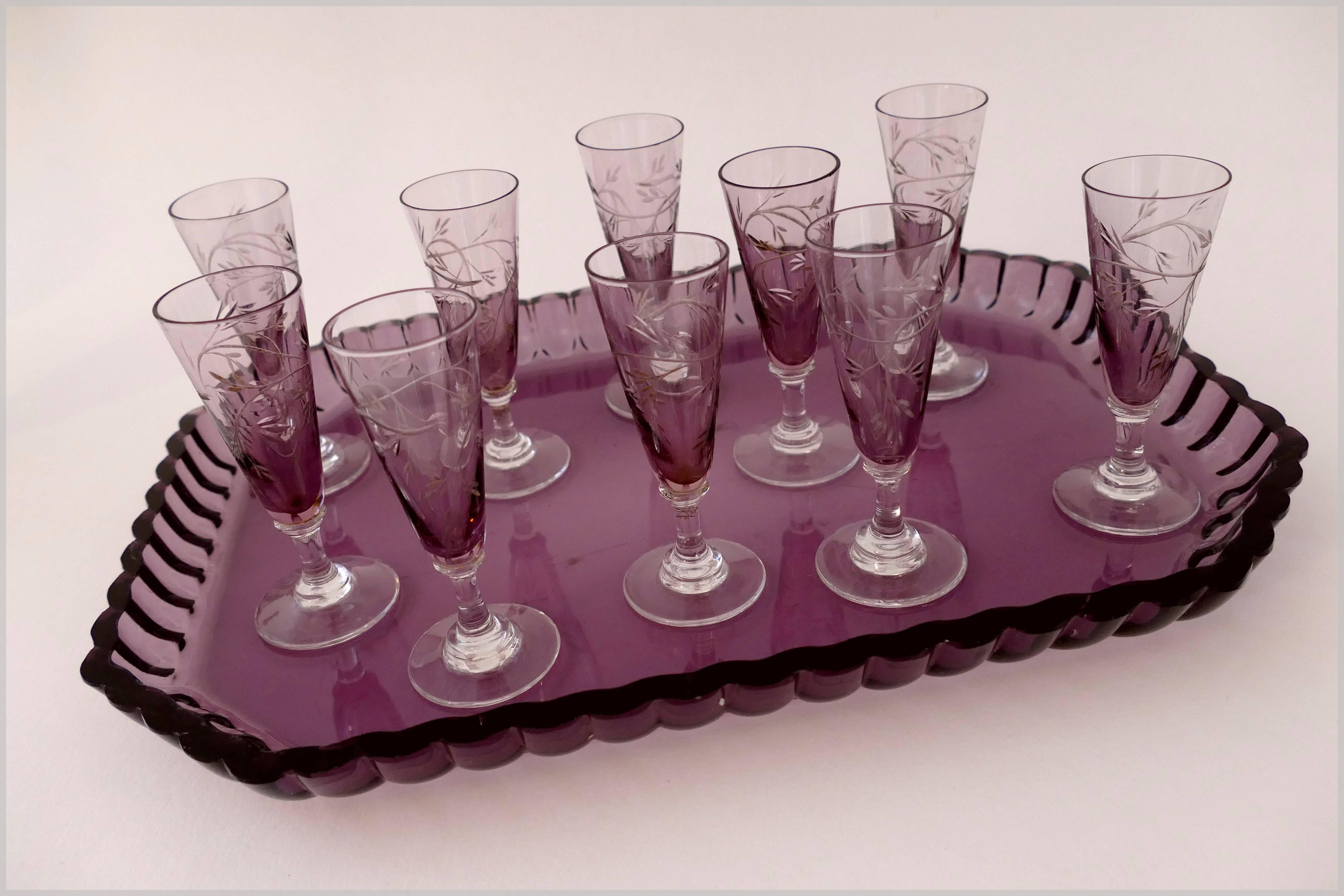 1900s Saint Louis Amethyst Cut Crystal Liquor Set Decanters Cordials and Tray 4