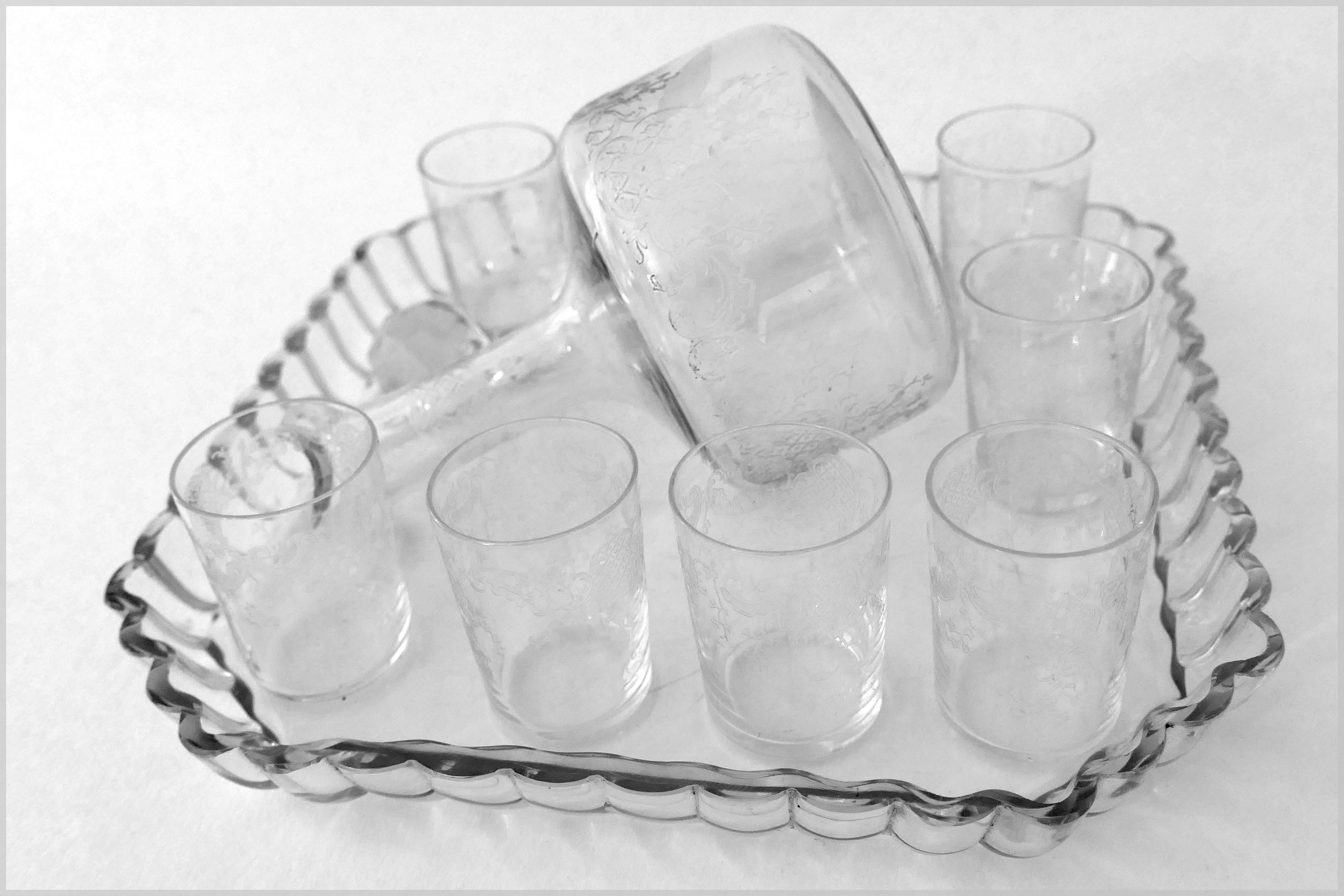 1900s Saint Louis Engraved Crystal Liquor Set Decanter Cordials and Tray 1
