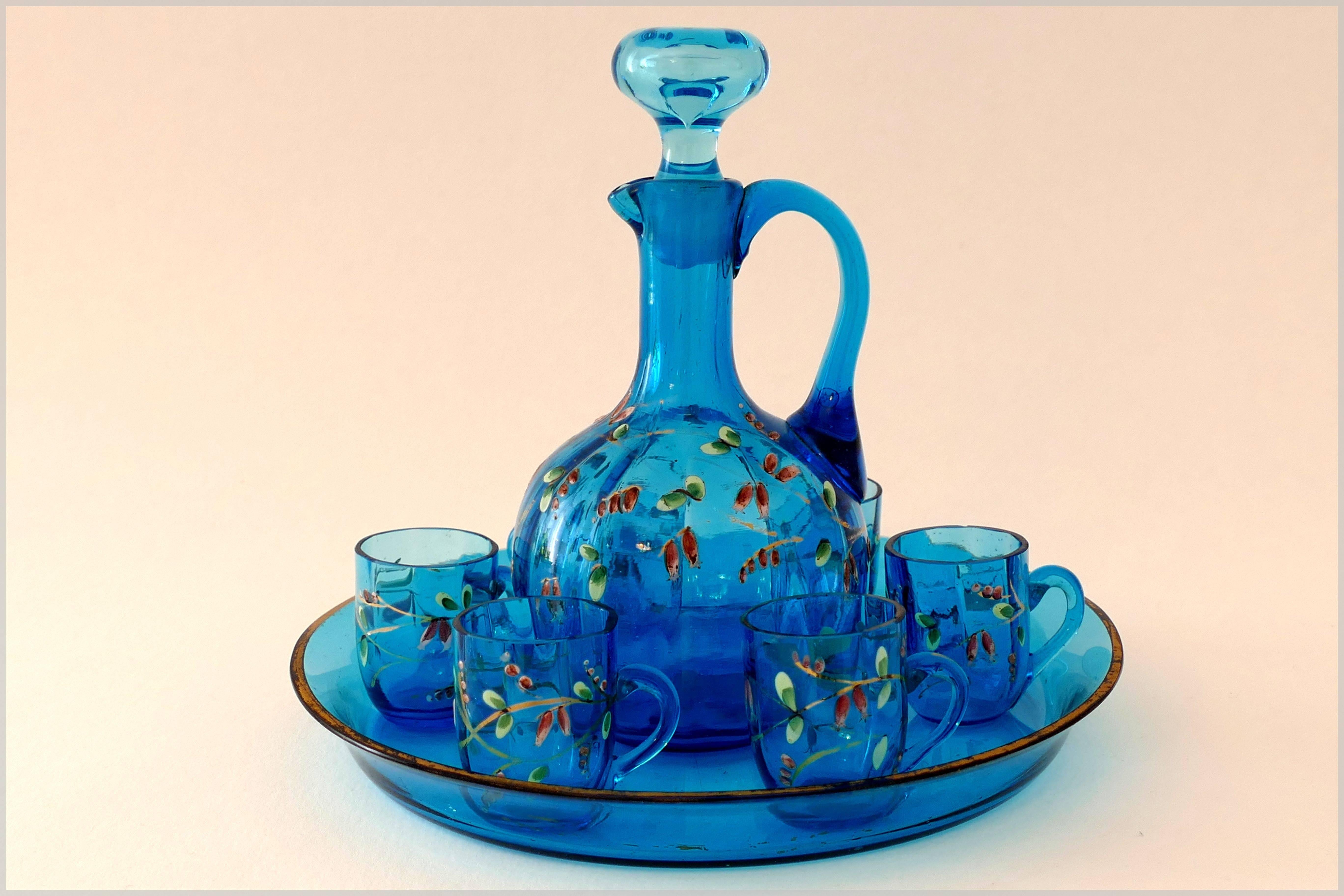 Antique French Blue Enameled Glass Liquor Set, Decanter, Cordials and Tray 1