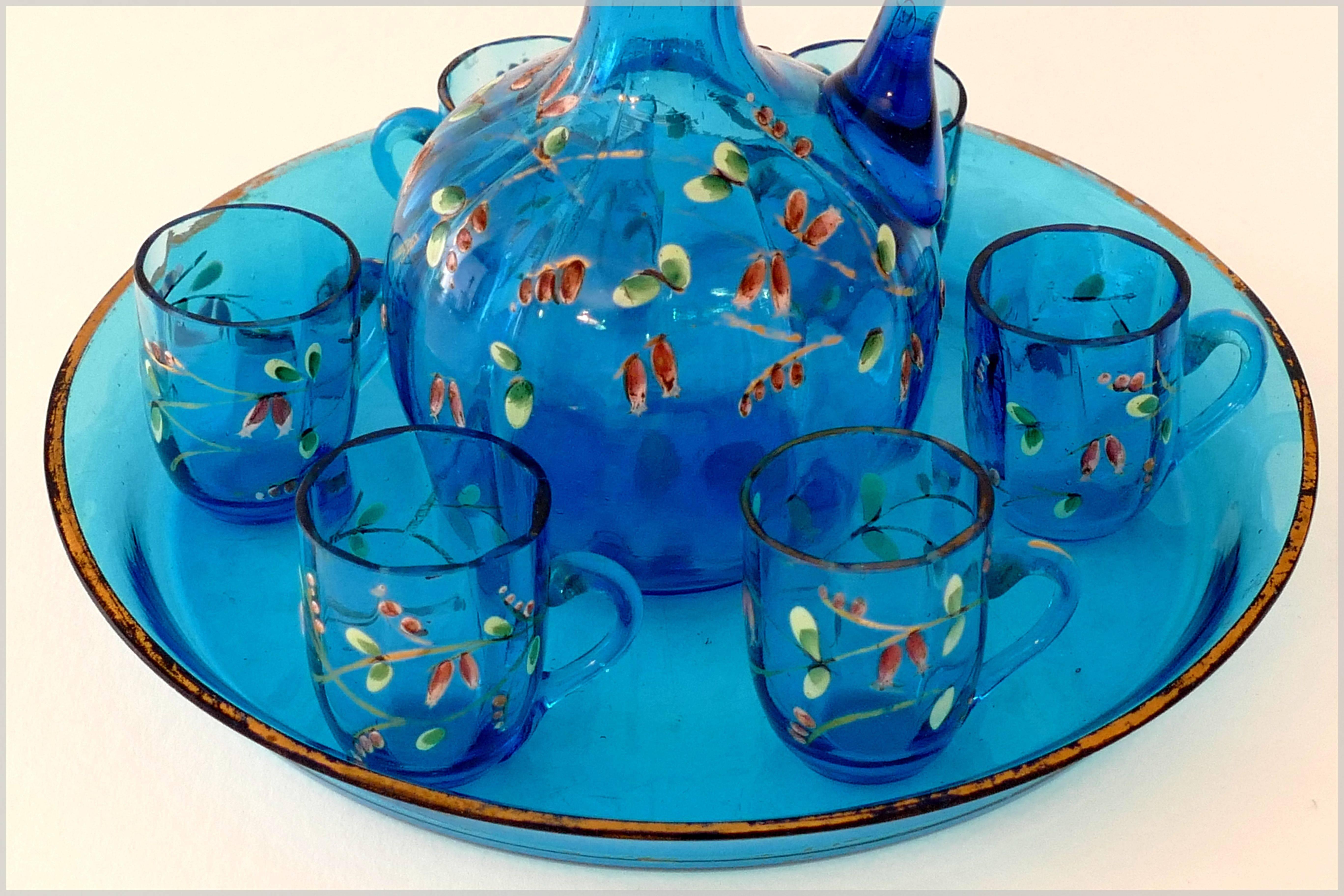 Napoleon III Antique French Blue Enameled Glass Liquor Set, Decanter, Cordials and Tray