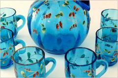 Antique French Blue Enameled Glass Liquor Set, Decanter, Cordials and Tray