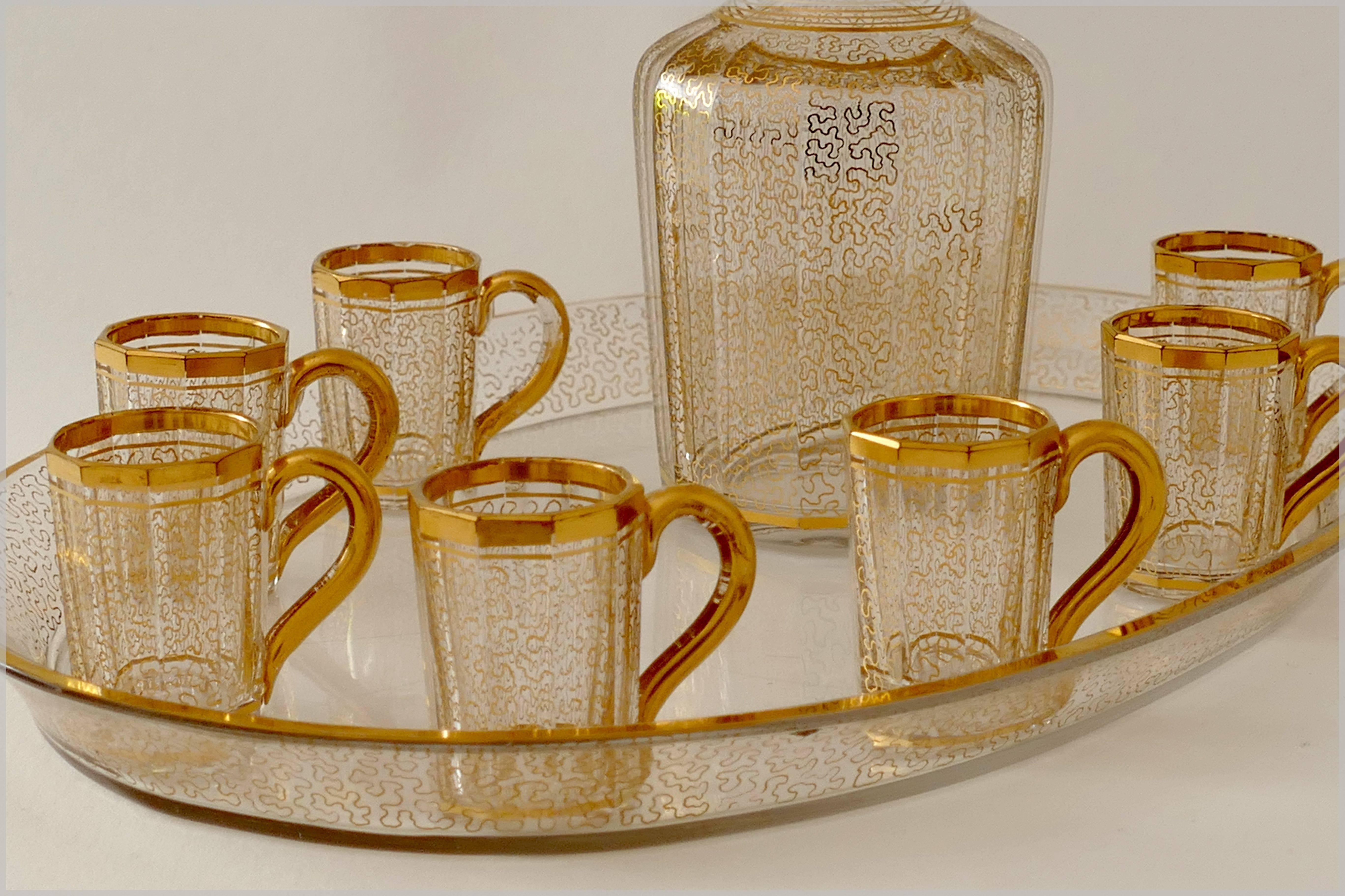Napoleon III 1870 Rare French Baccarat Gold Crystal Liquor Service Decanter, Cups and Tray