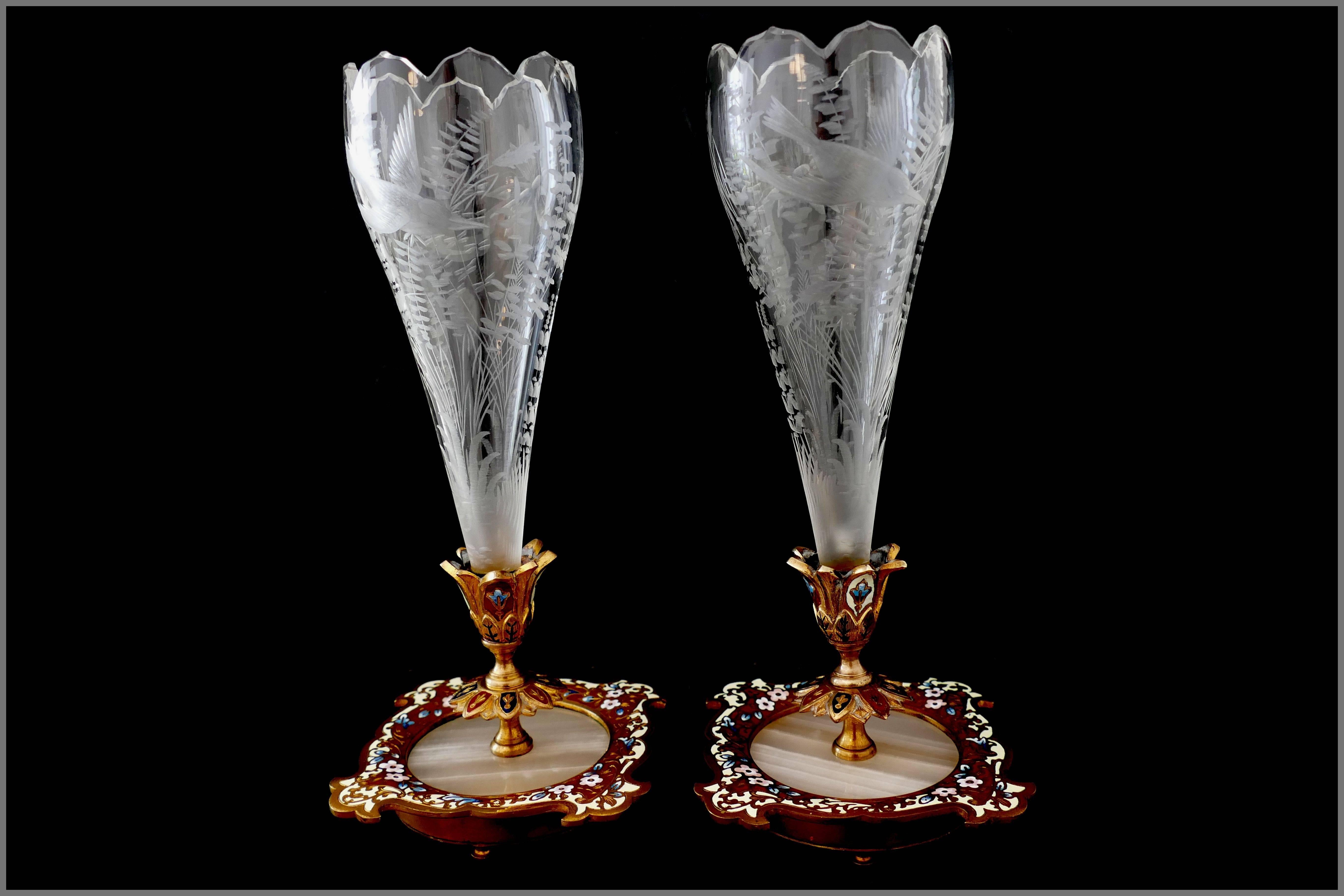 Mid-19th Century Rare Pair Antique French Champlevé Enamel Baccarat Crystal Epergne/Vases