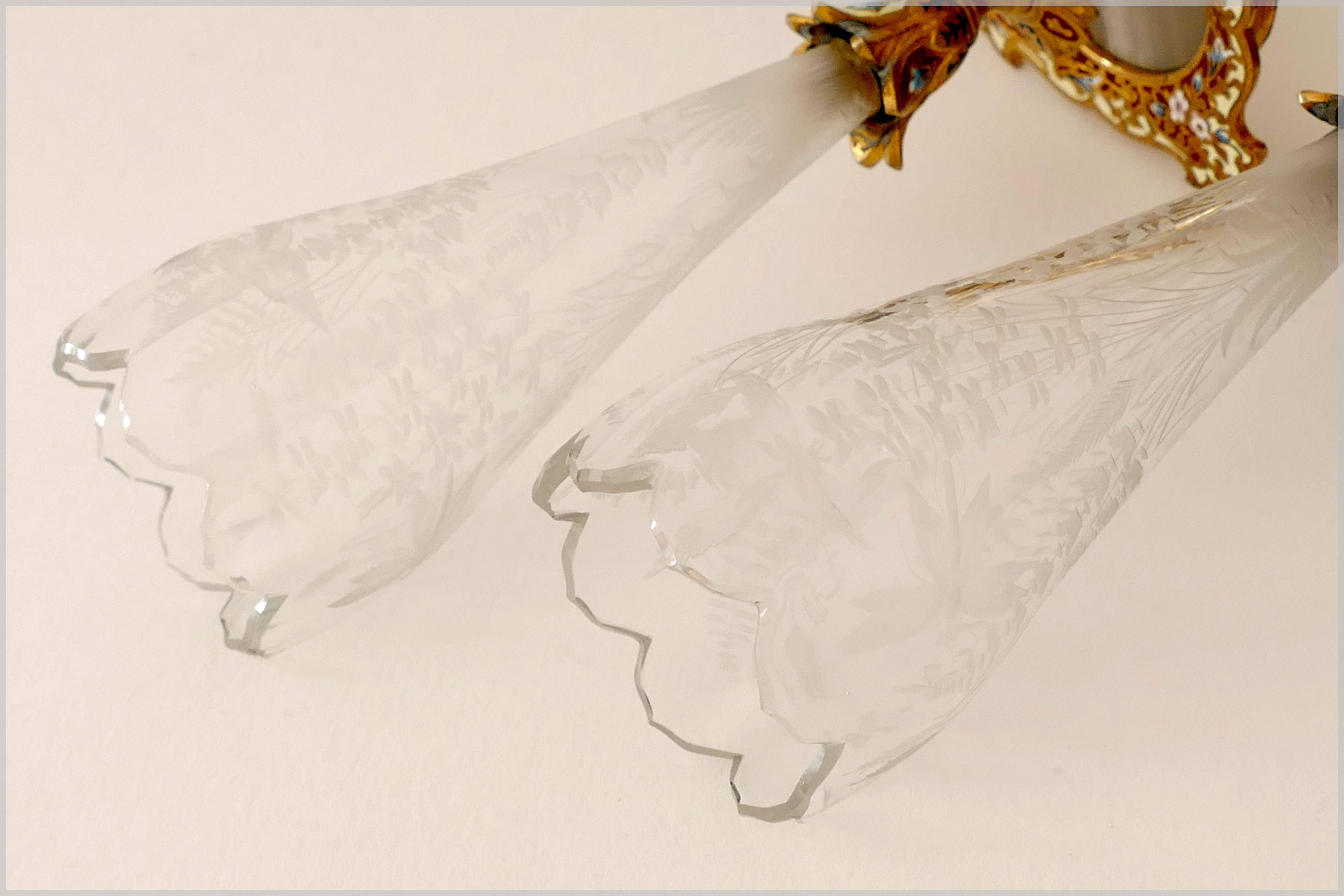 Alabaster Rare Pair Antique French Champlevé Enamel Baccarat Crystal Epergne/Vases