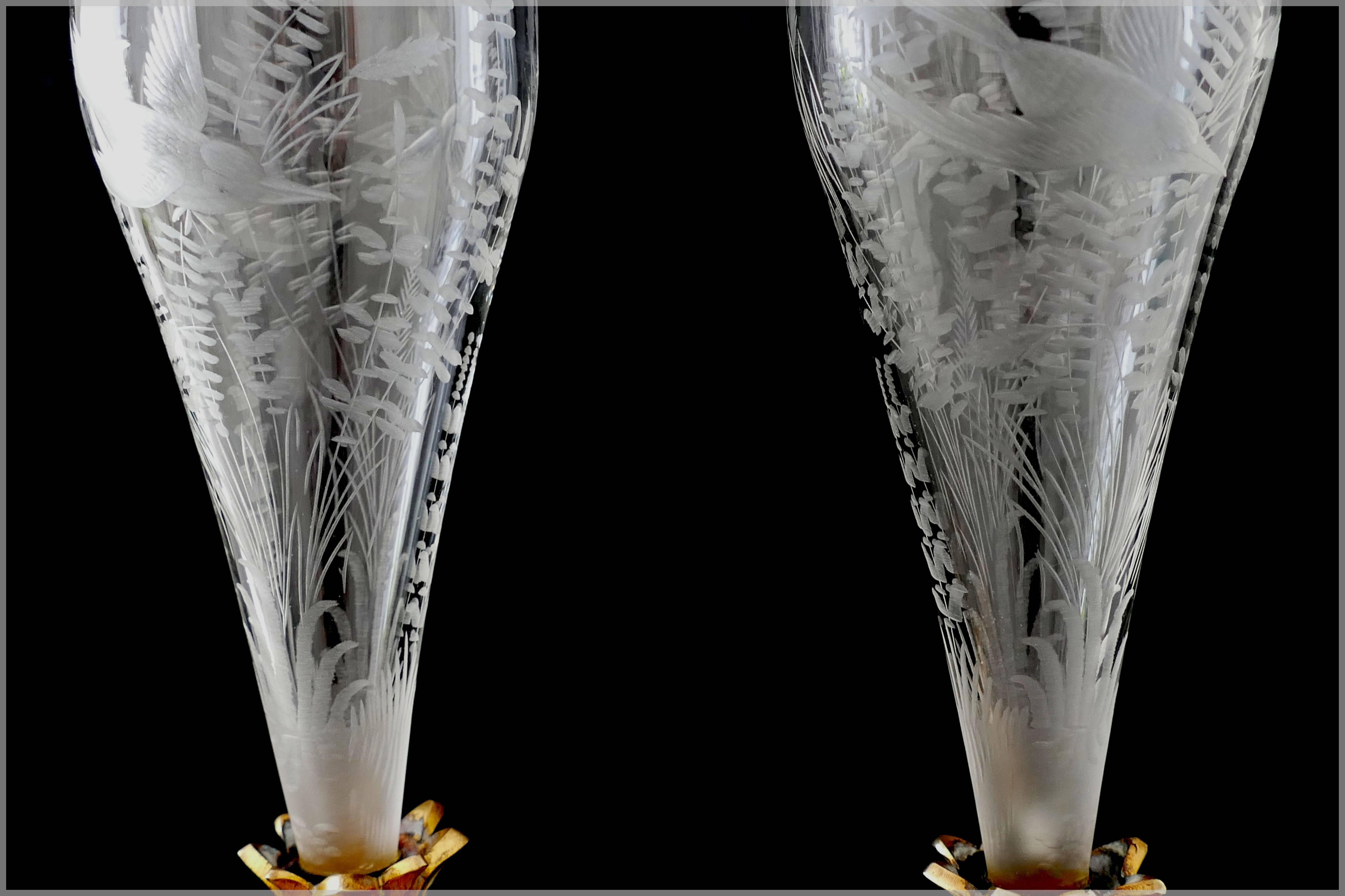 Rare pair of antique French champlevé enamel baccarat crystal epergne/vases.

Pair of antique French trumpet vases/epergnes in champlevé enamel, alabaster, brass and baccarat crystal. These pieces are unmarked, made prior to the acid etched mark