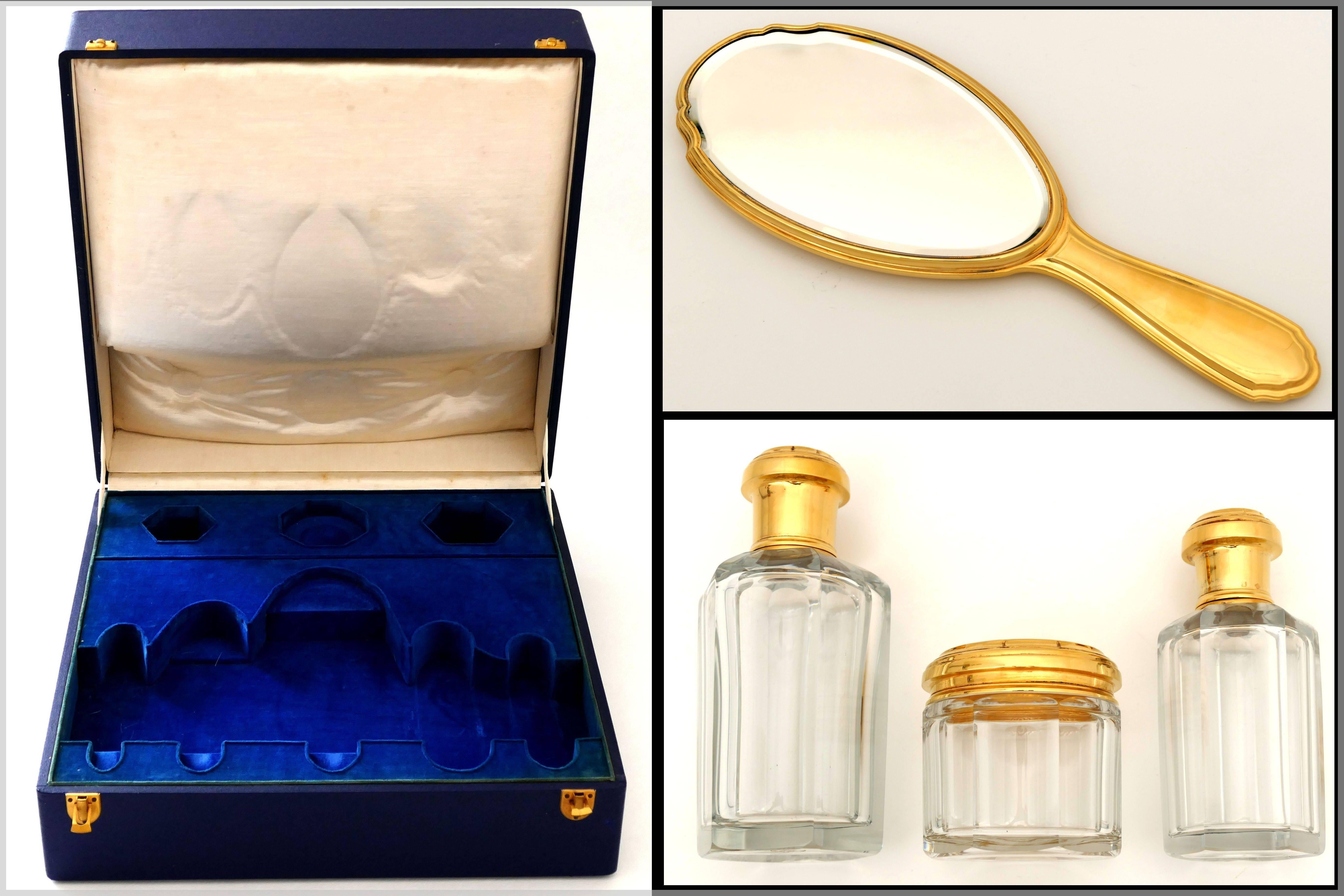 Tetard French 18-Karat Gold Sterling Silver Baccarat Crystal Travel Vanity Set For Sale 3