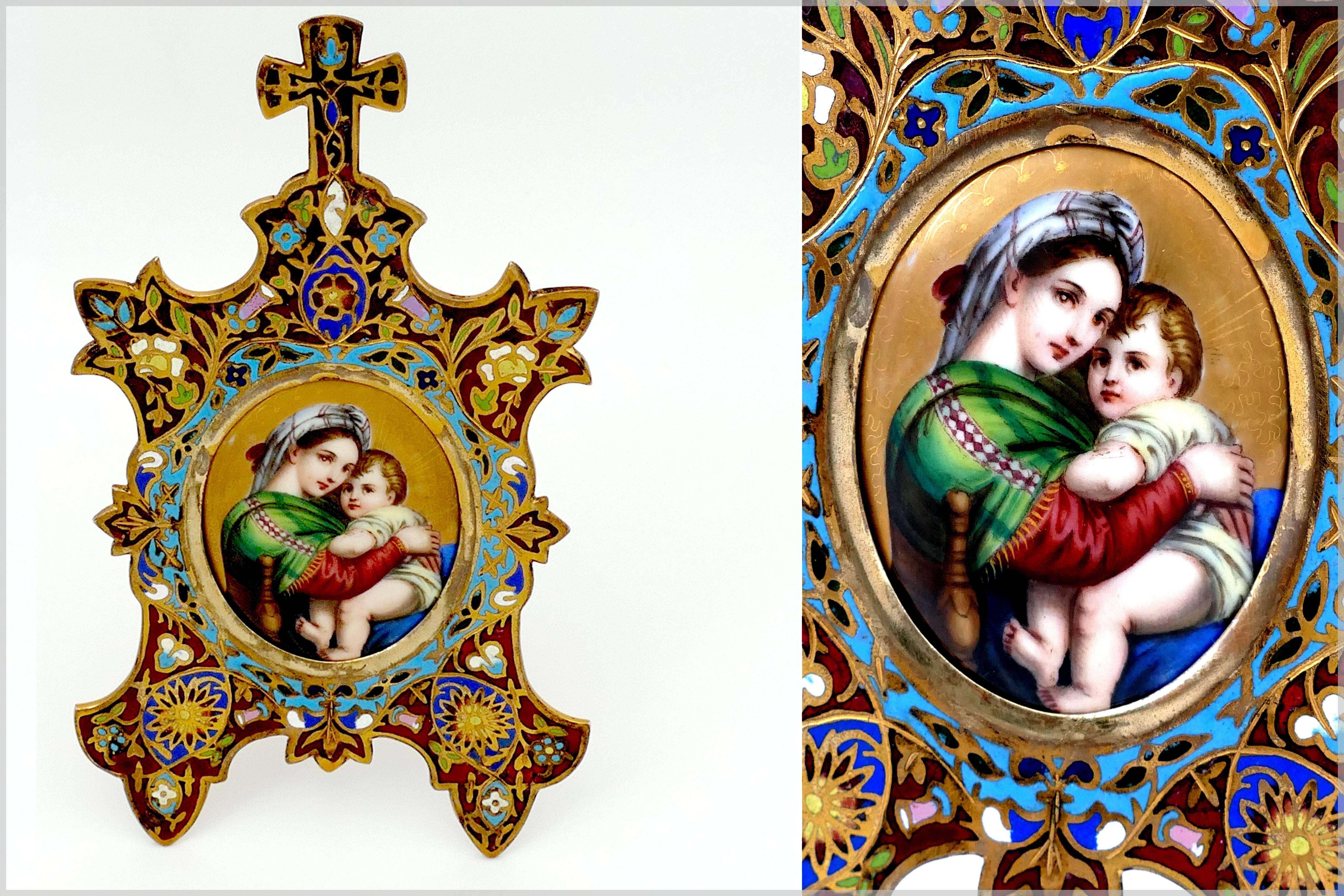 Antique French champlevé enamel frame Madonna with child porcelain painting.

The enamel work is magnificent using gorgeous turquoise blue, white, burgundy, royal blue, green and pink. This features the finest champlevé enamel work mounted onto a