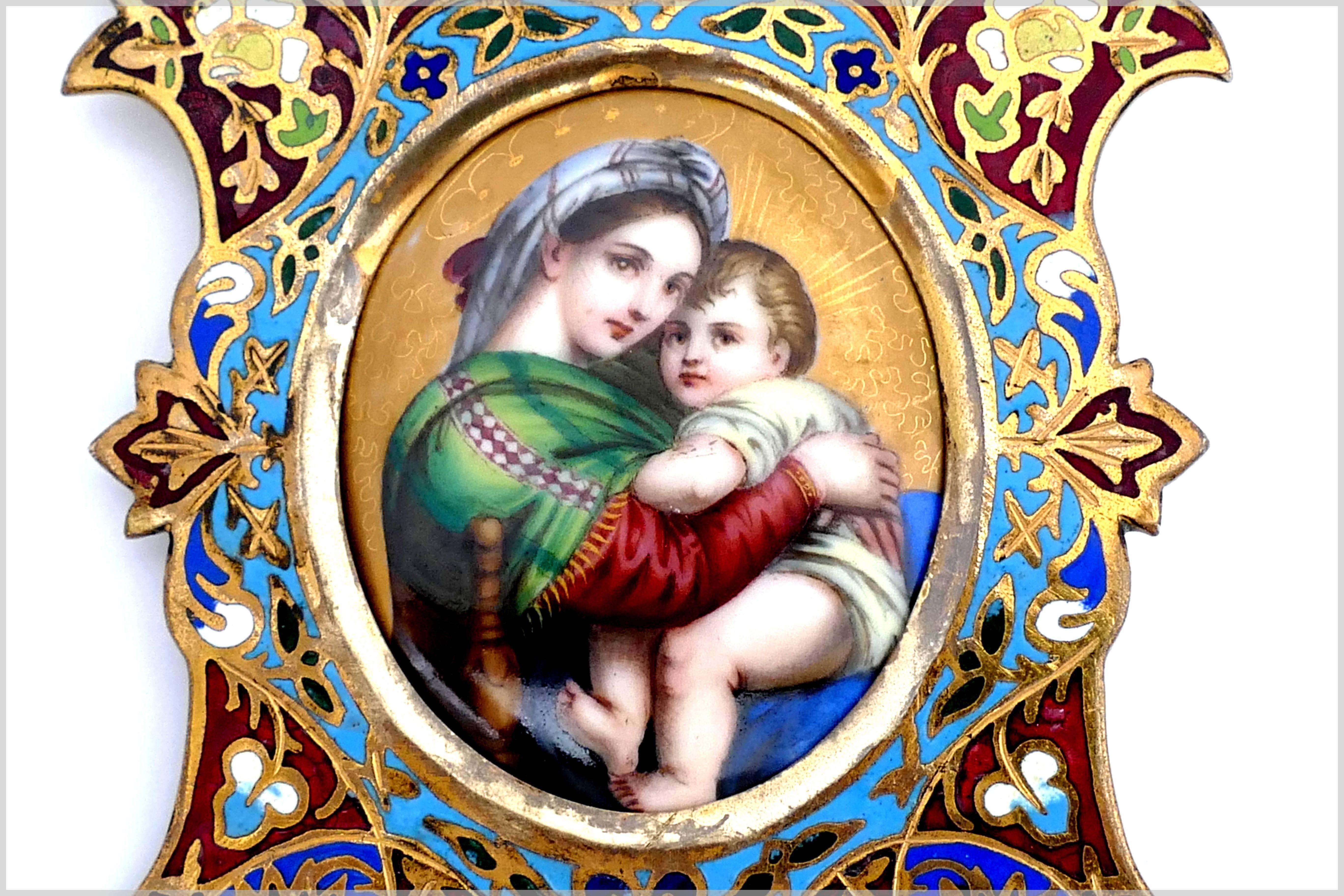 Antique French Champleve Enamel Frame Madonna with Child Porcelain Painting 2