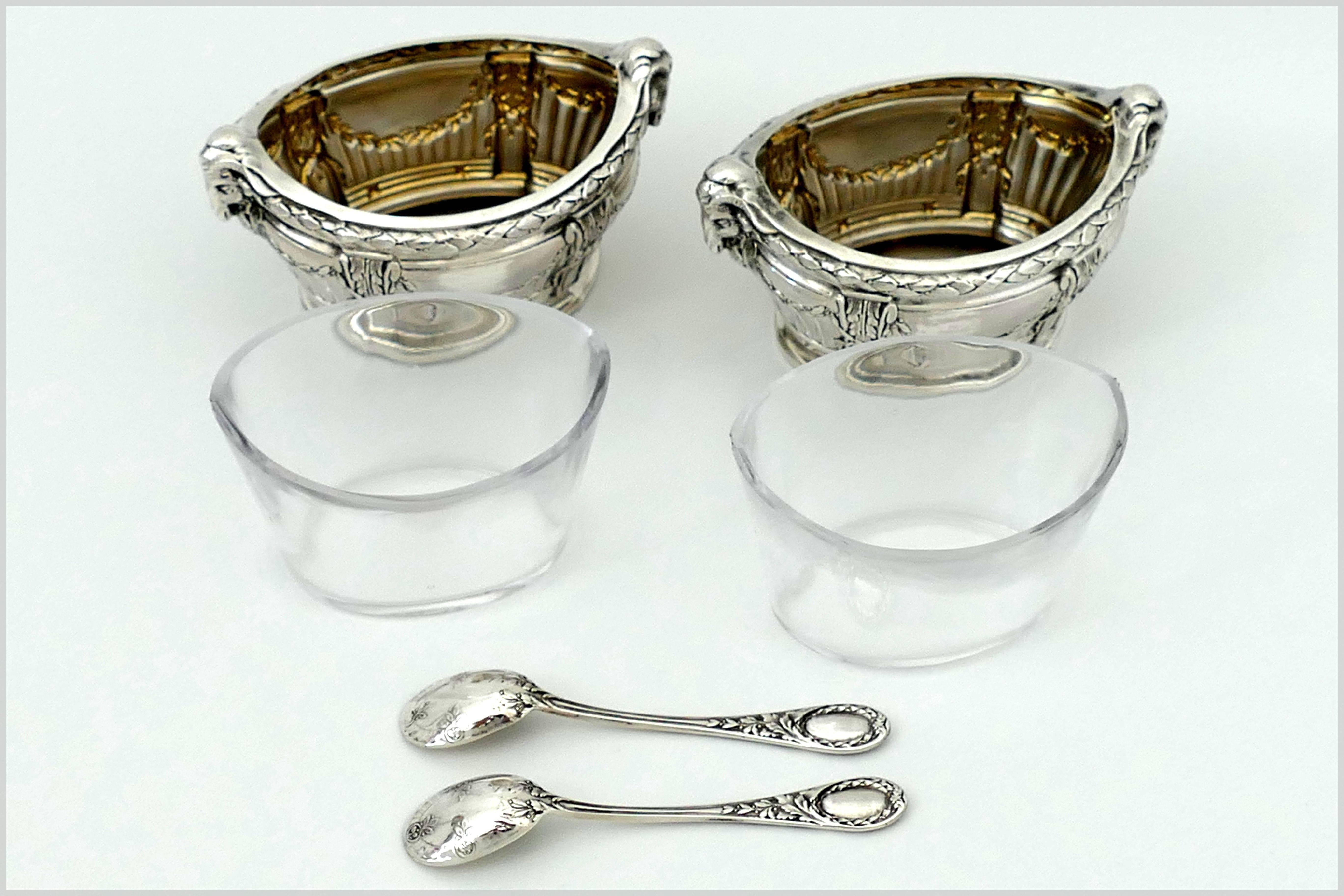 Neoclassical Puiforcat Masterpiece French Sterling Silver Salt Cellars Pair Spoons Ram's Head