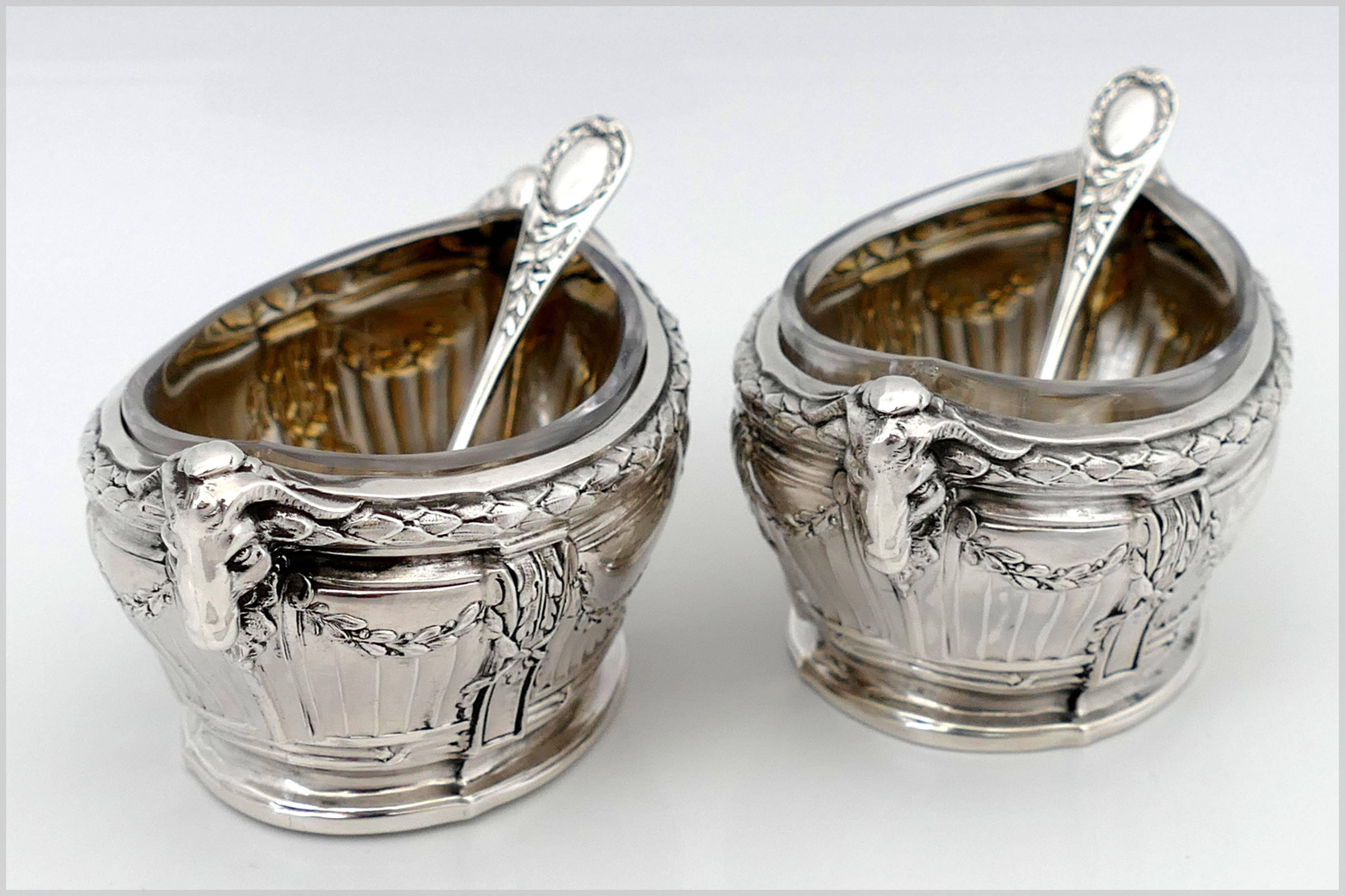 Puiforcat Masterpiece French Sterling Silver Salt Cellars Pair Spoons Ram's Head In Excellent Condition In TRIAIZE, PAYS DE LOIRE