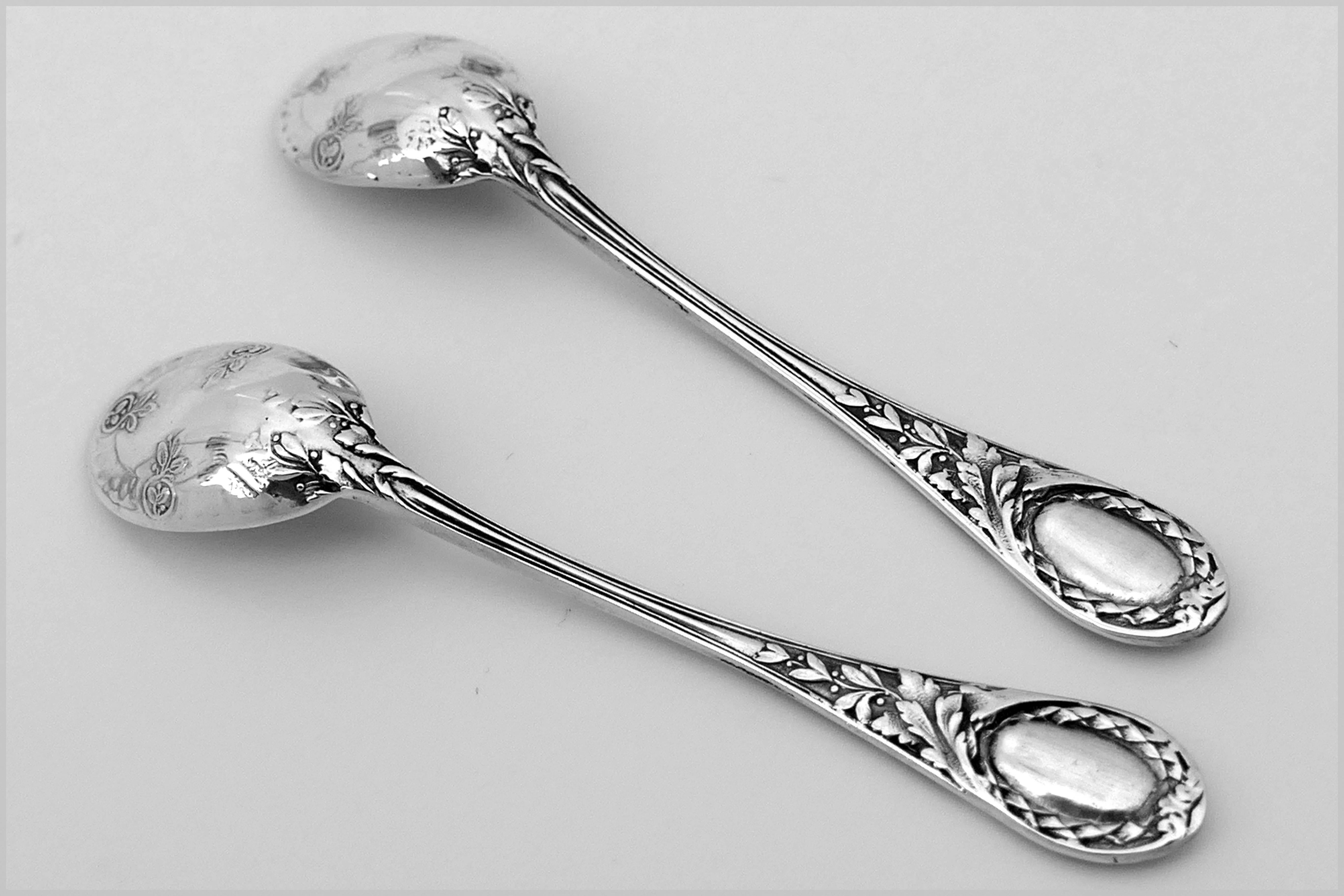 Late 19th Century Puiforcat Masterpiece French Sterling Silver Salt Cellars Pair Spoons Ram's Head