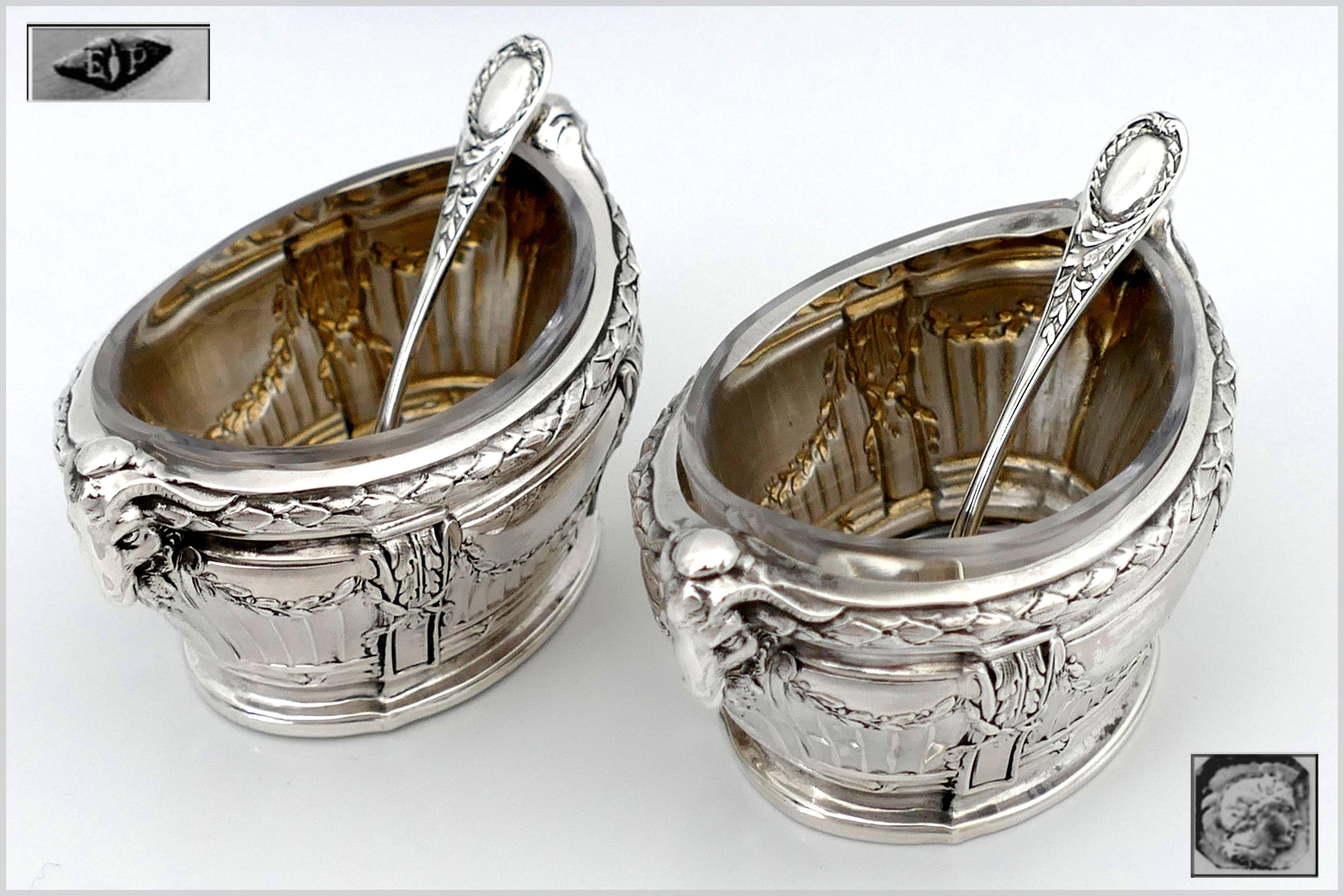 Puiforcat Masterpiece French sterling silver salt cellars pair of spoons Ram's Head.

Fabulous antique 19th century French sterling silver salt cellars pair with spoons. A set of truly exceptional quality, for the richness of his decoration for