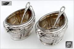 Puiforcat Masterpiece French Sterling Silver Salt Cellars Pair Spoons Ram's Head