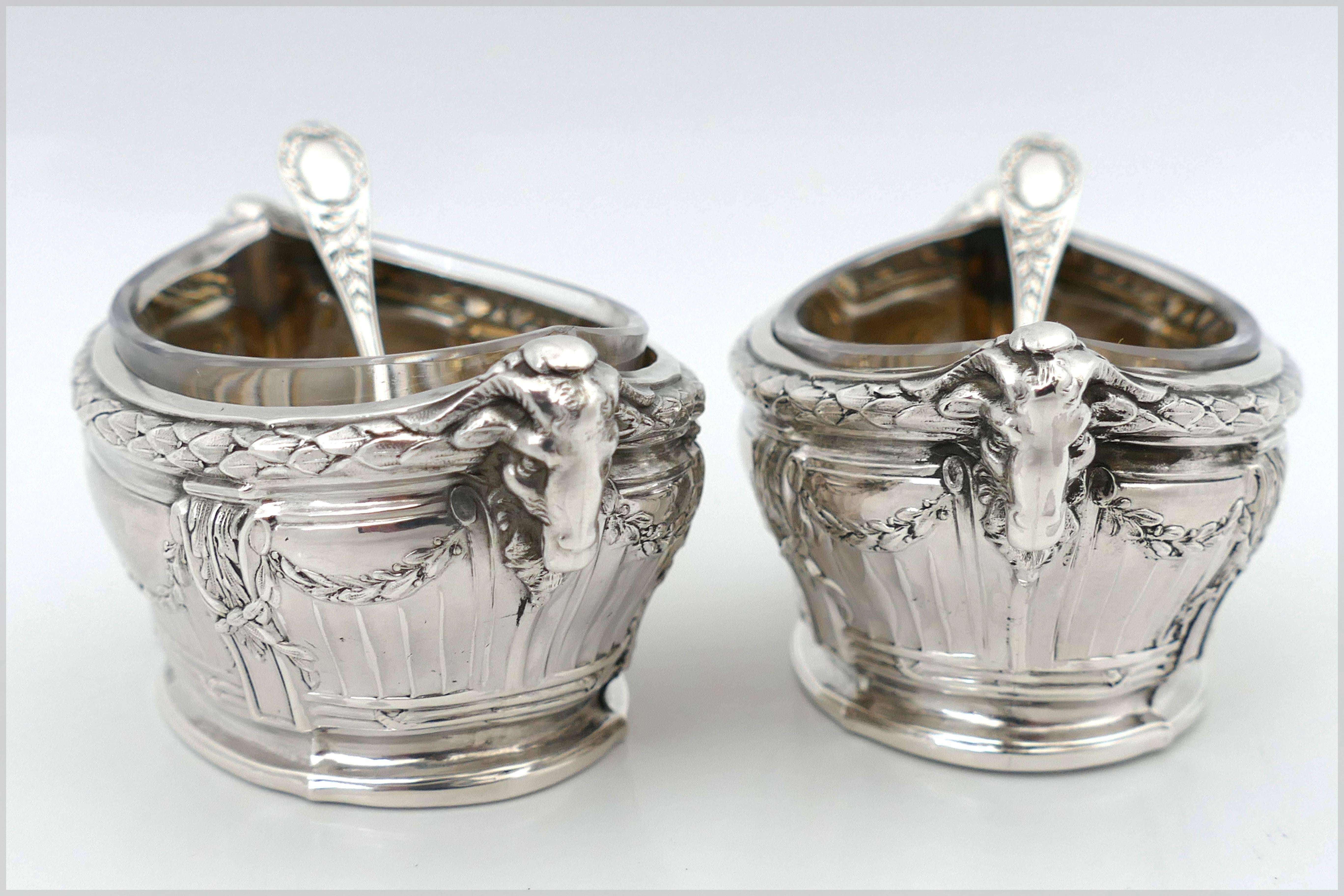 Puiforcat Masterpiece French Sterling Silver Salt Cellars Pair Spoons Ram's Head 1