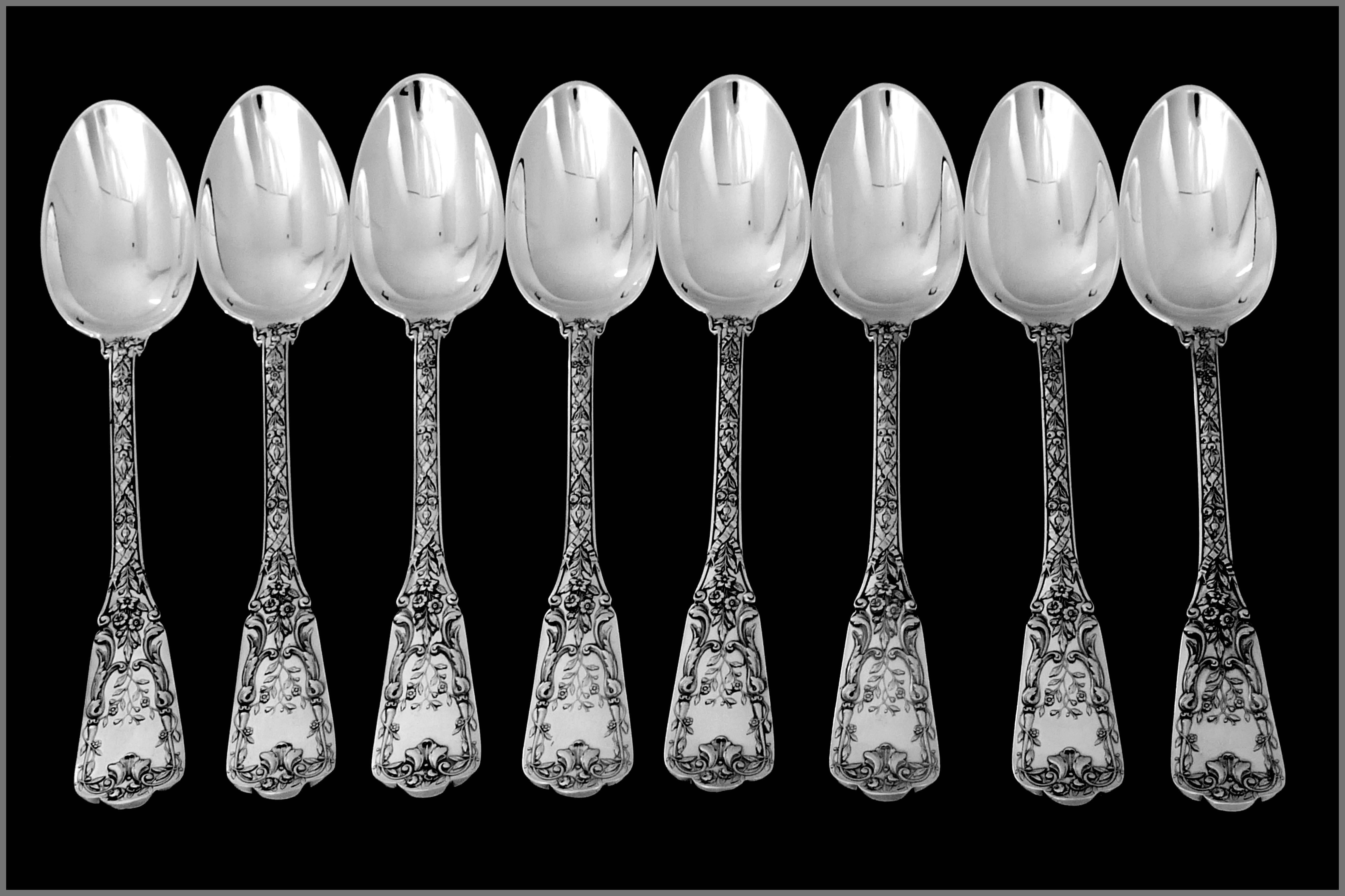 Neoclassical Cardeilhac French Sterling Silver 18K Gold Dessert Entremet Spoons Set 