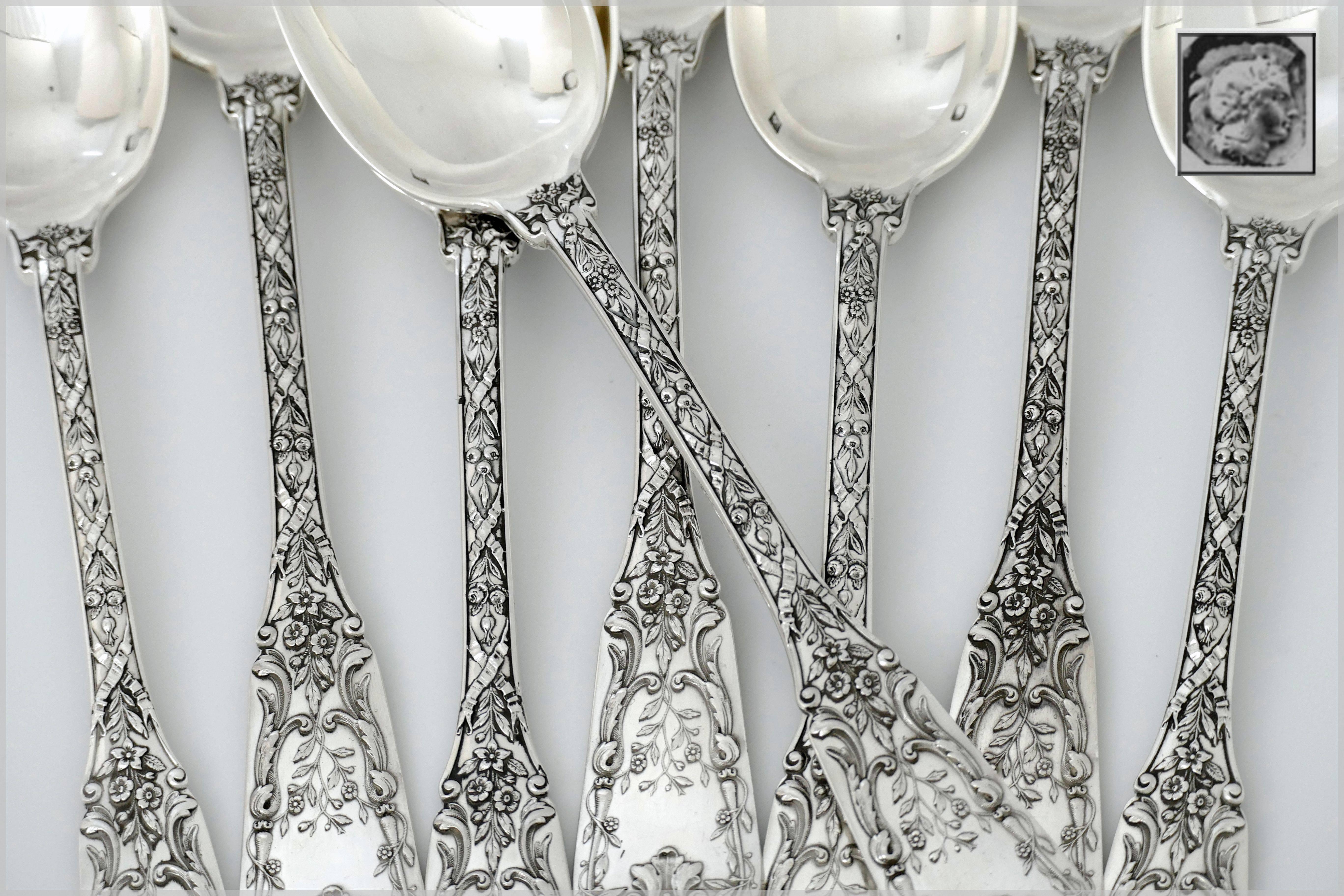 Late 19th Century Cardeilhac French Sterling Silver 18K Gold Dessert Entremet Spoons Set 