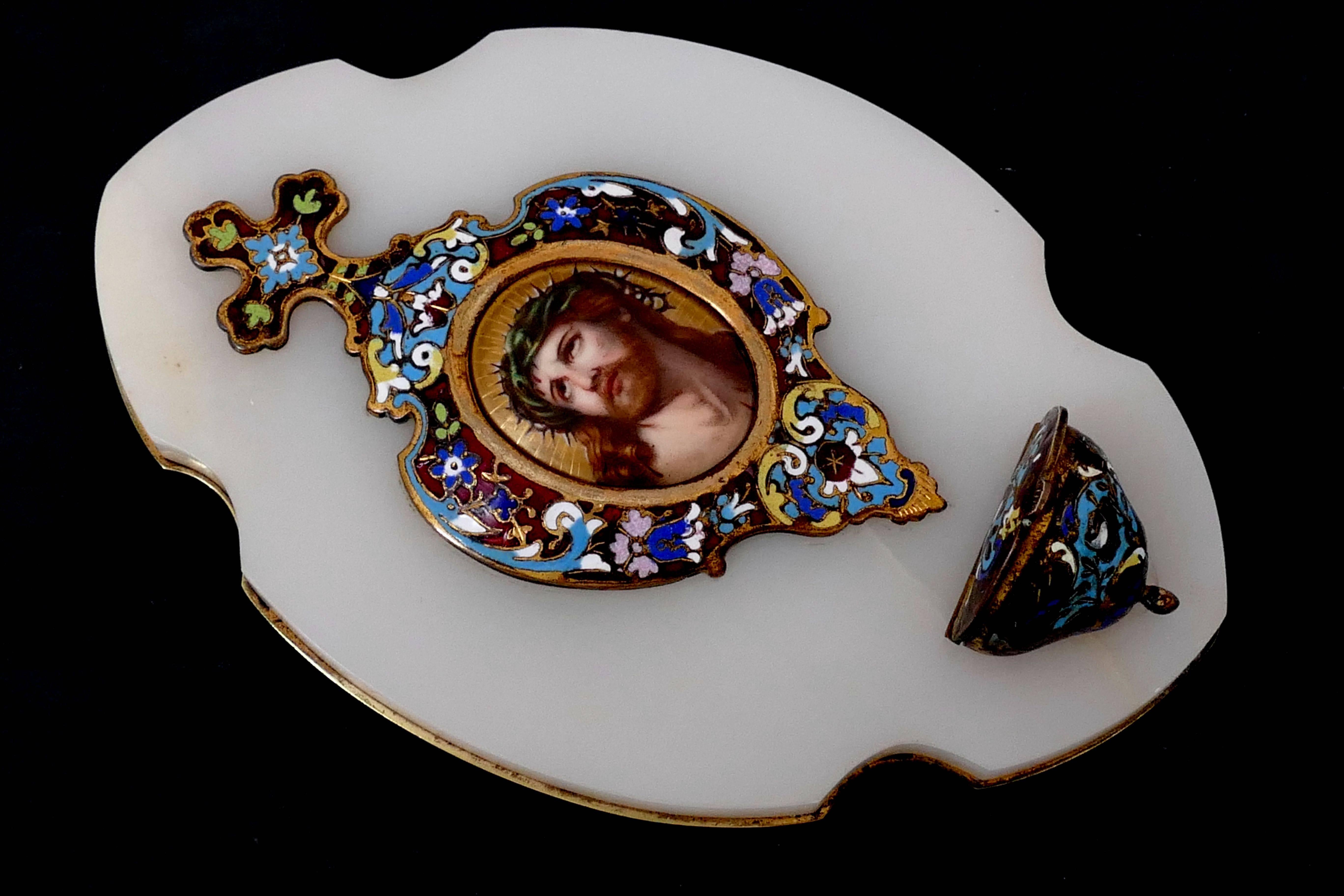 Napoleon III Rare Antique French Champlevé Enamel Holy Water Font Christ Porcelain Painting