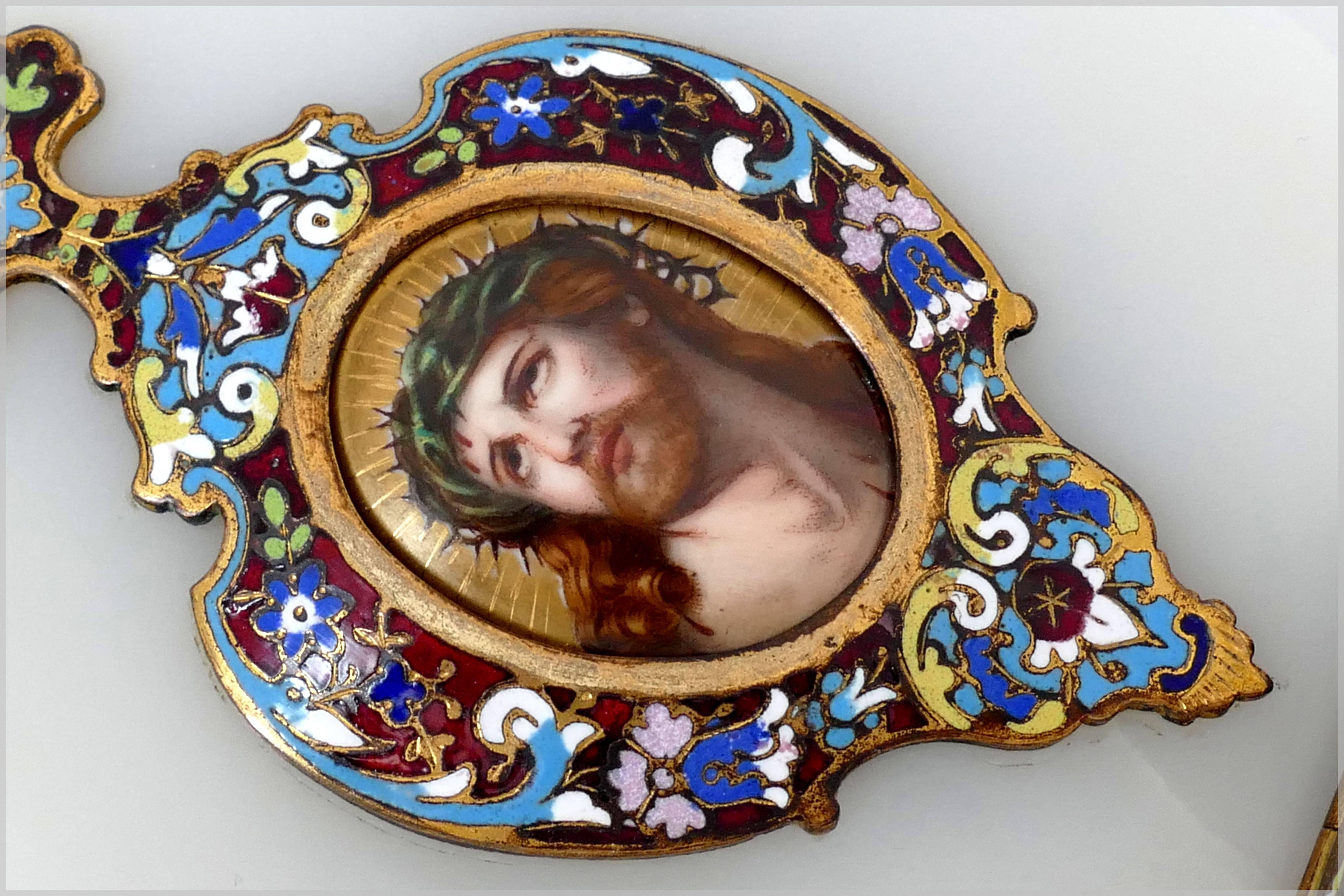 Mid-19th Century Rare Antique French Champlevé Enamel Holy Water Font Christ Porcelain Painting