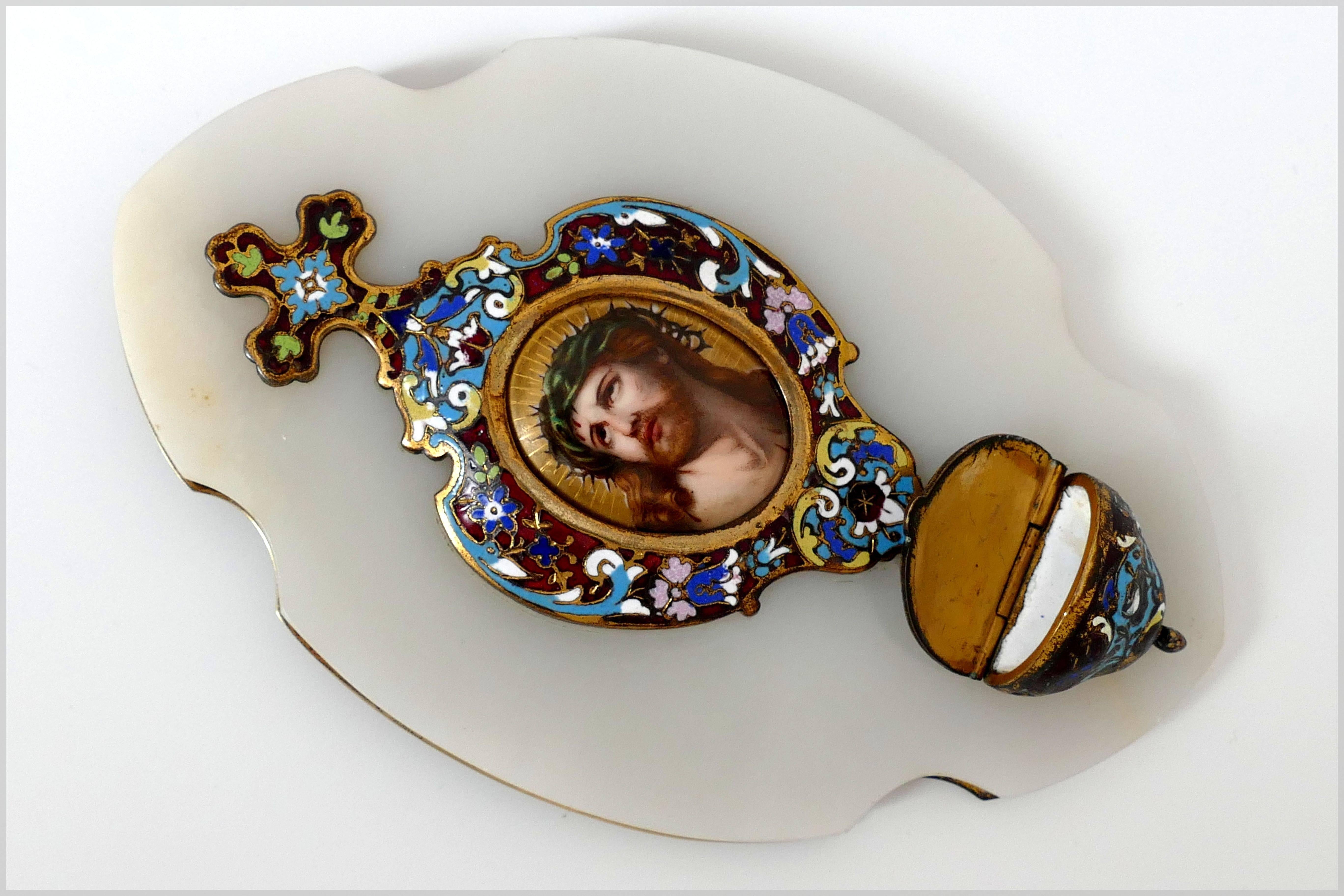 Rare Antique French Champlevé Enamel Holy Water Font Christ Porcelain Painting 1