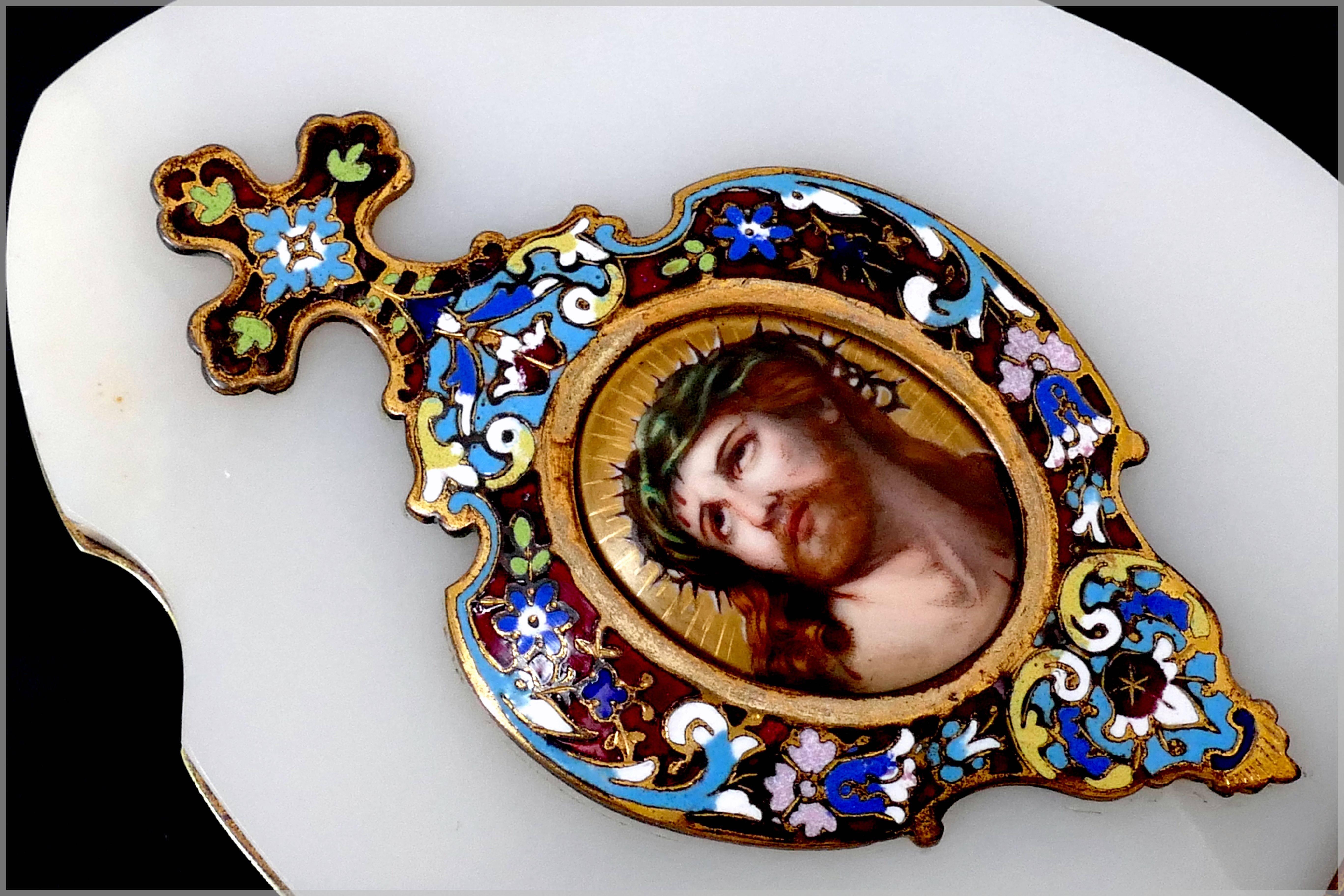Rare Antique French Champlevé Enamel Holy Water Font Christ Porcelain Painting 2