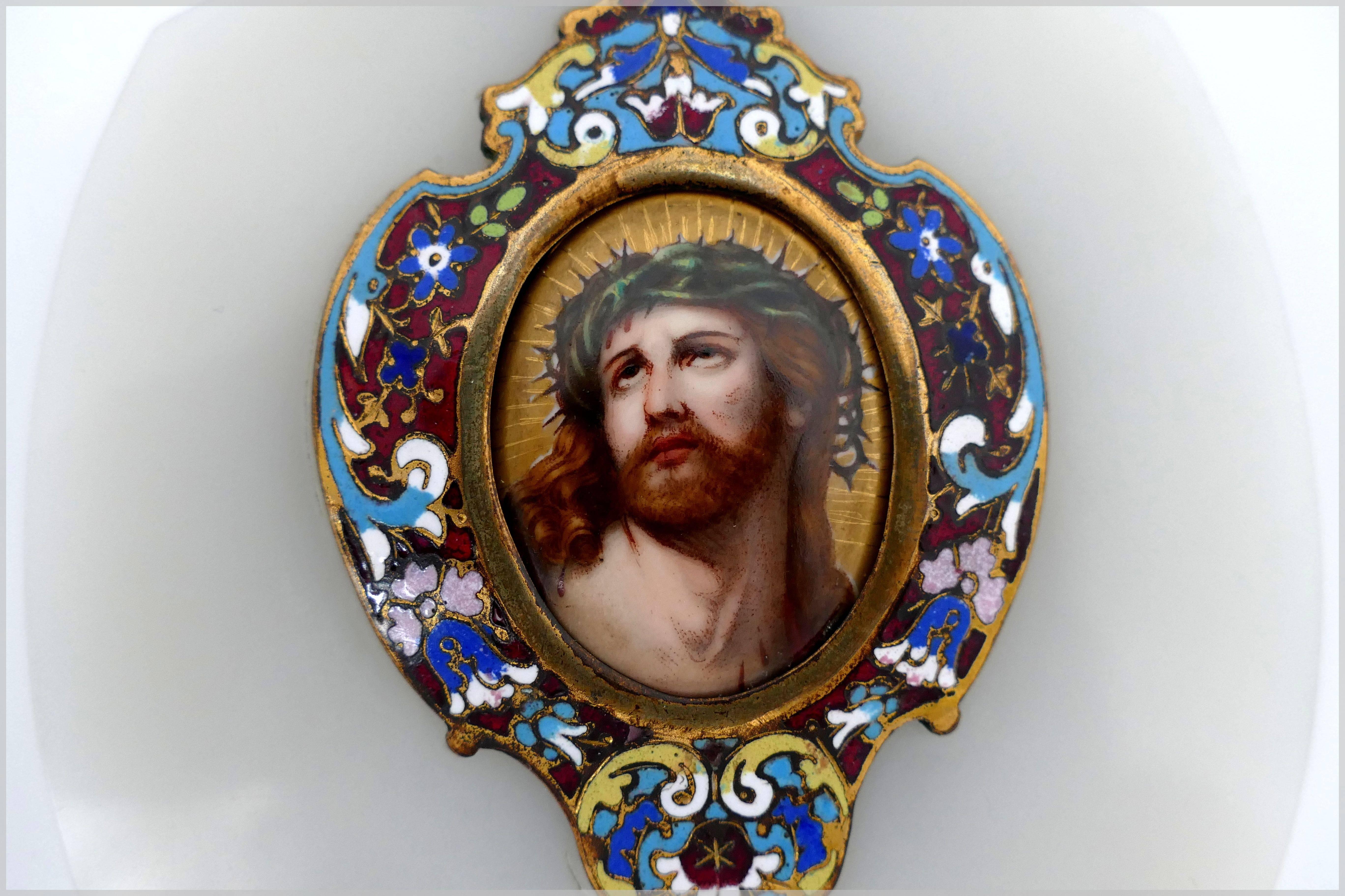 Rare Antique French Champlevé Enamel Holy Water Font Christ Porcelain Painting 3