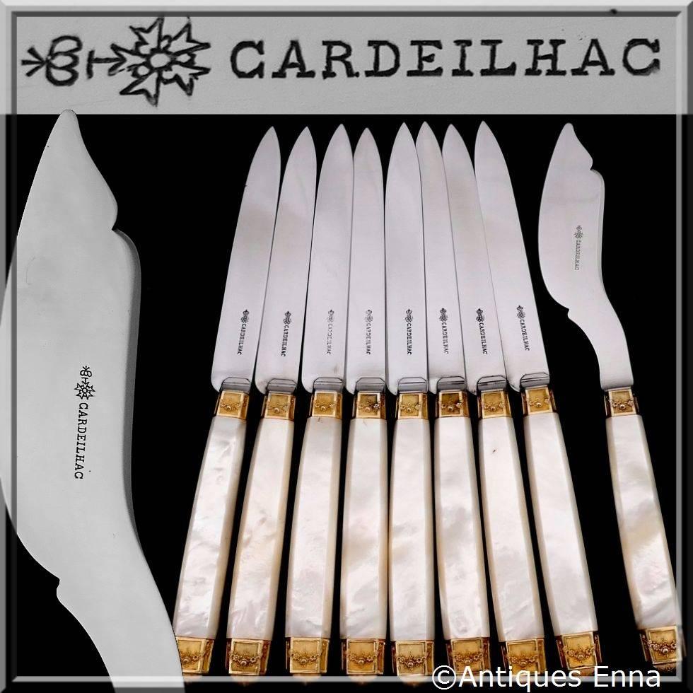 Cardeilhac French sterling silver 18-karat gold mother-of-pearl knife set.

Fabulous French sterling silver 18-karat gold dessert, entremets, cheese or salad knife set eight-pieces and the matching cheese knife.

Ferrules and collars in sterling