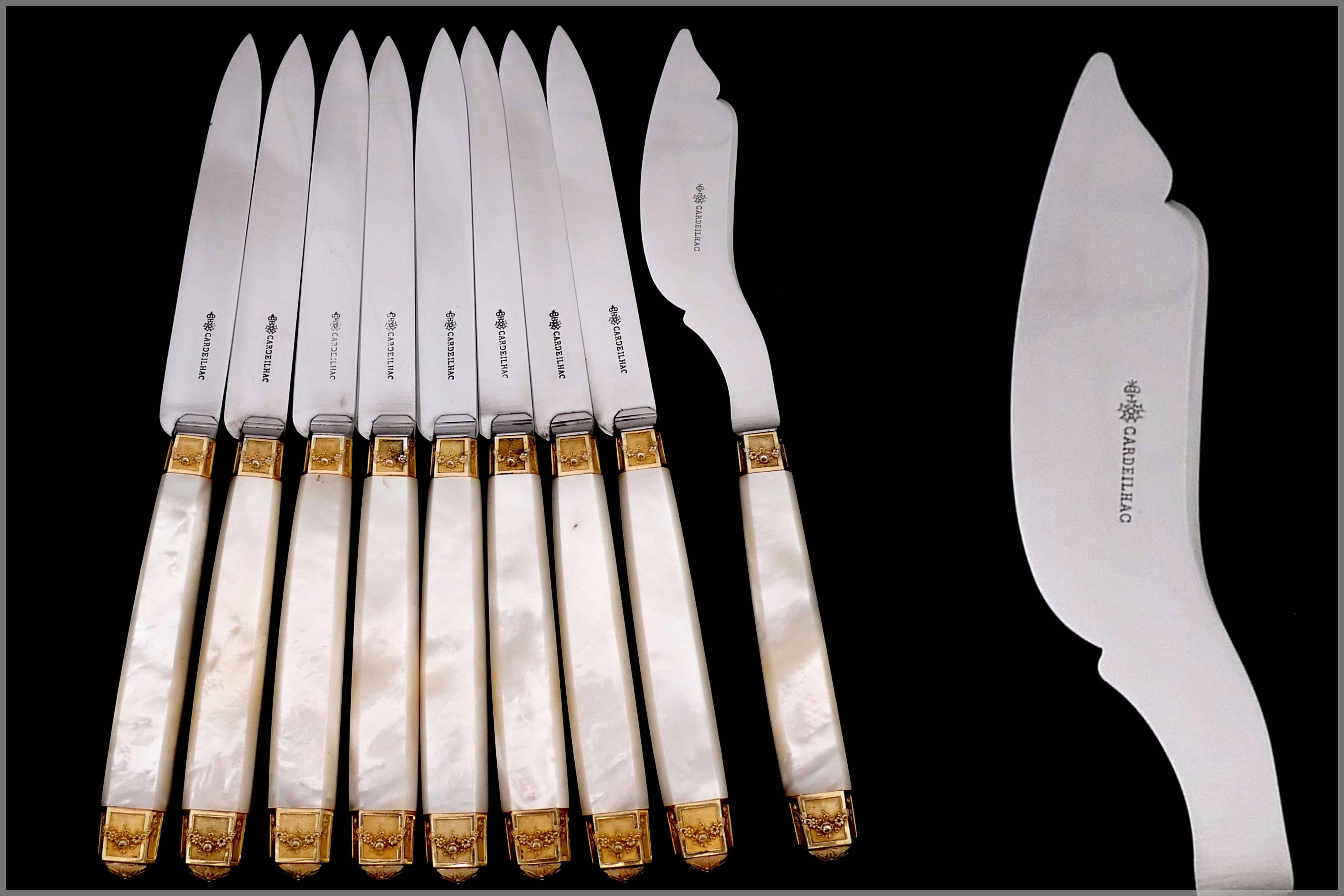 Neoclassical Cardeilhac French Sterling Silver 18-Karat Gold Mother-of-pearl Knife Set