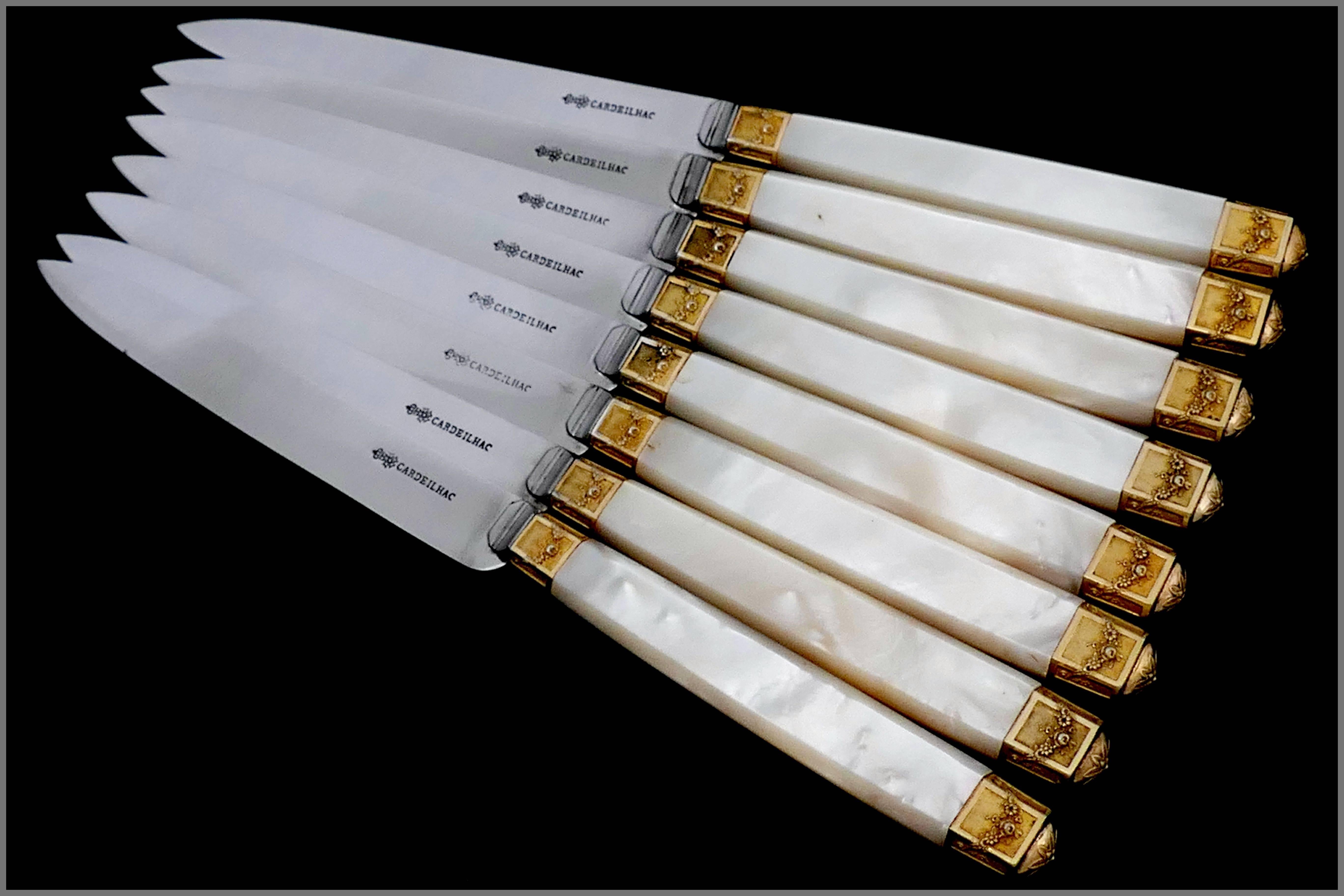 Late 19th Century Cardeilhac French Sterling Silver 18-Karat Gold Mother-of-pearl Knife Set