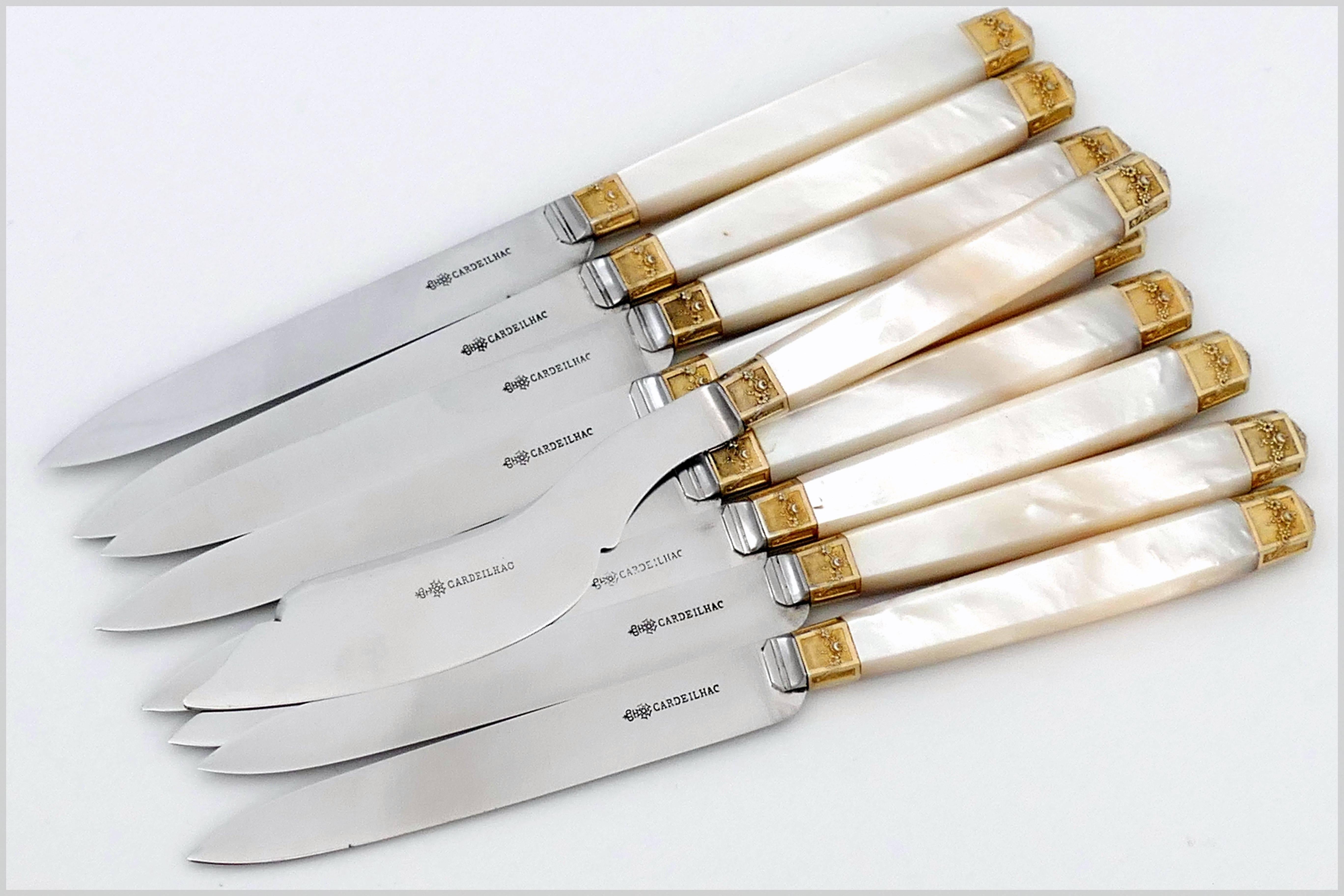 Cardeilhac French Sterling Silver 18-Karat Gold Mother-of-pearl Knife Set In Excellent Condition In TRIAIZE, PAYS DE LOIRE