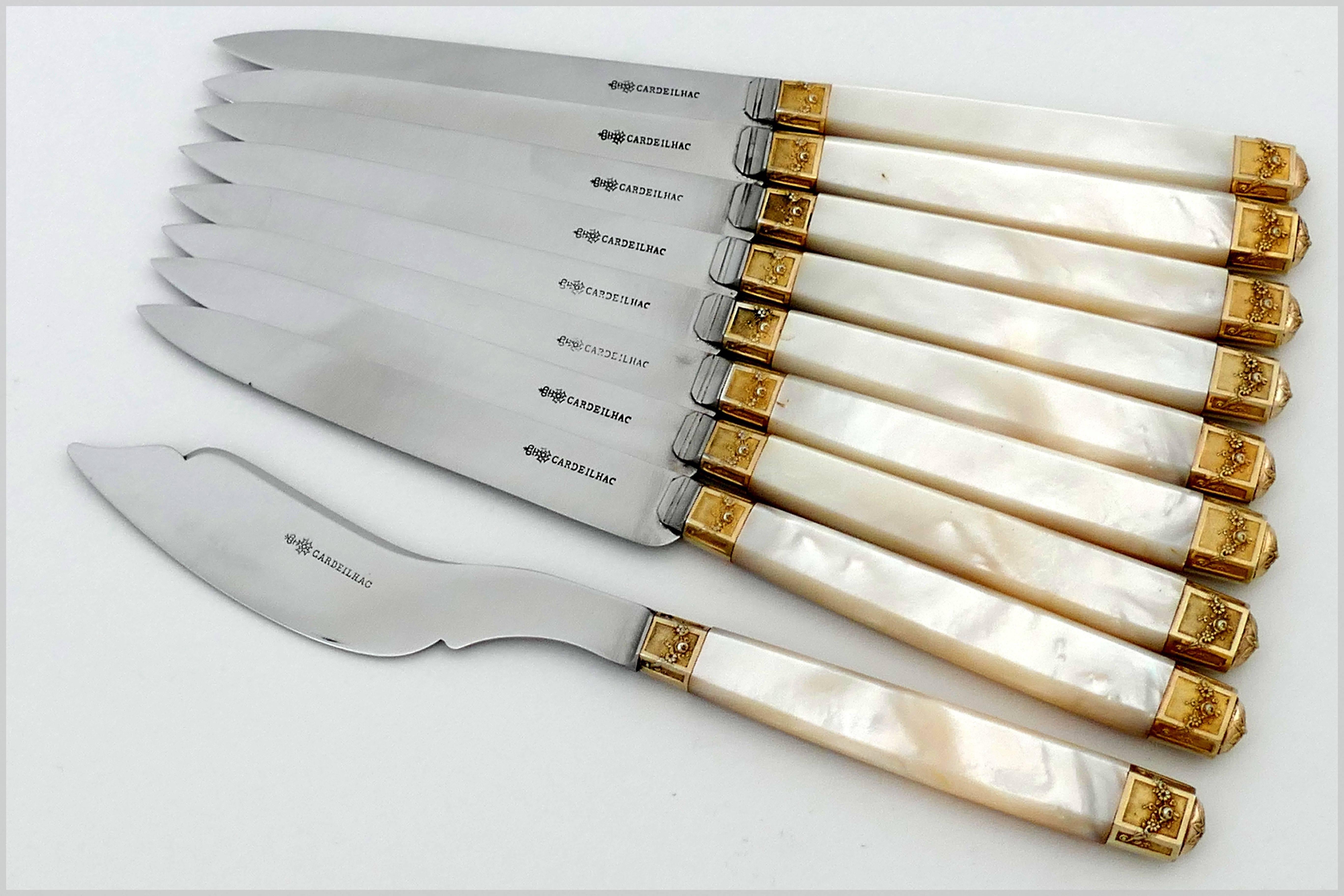 Cardeilhac French Sterling Silver 18-Karat Gold Mother-of-pearl Knife Set 3