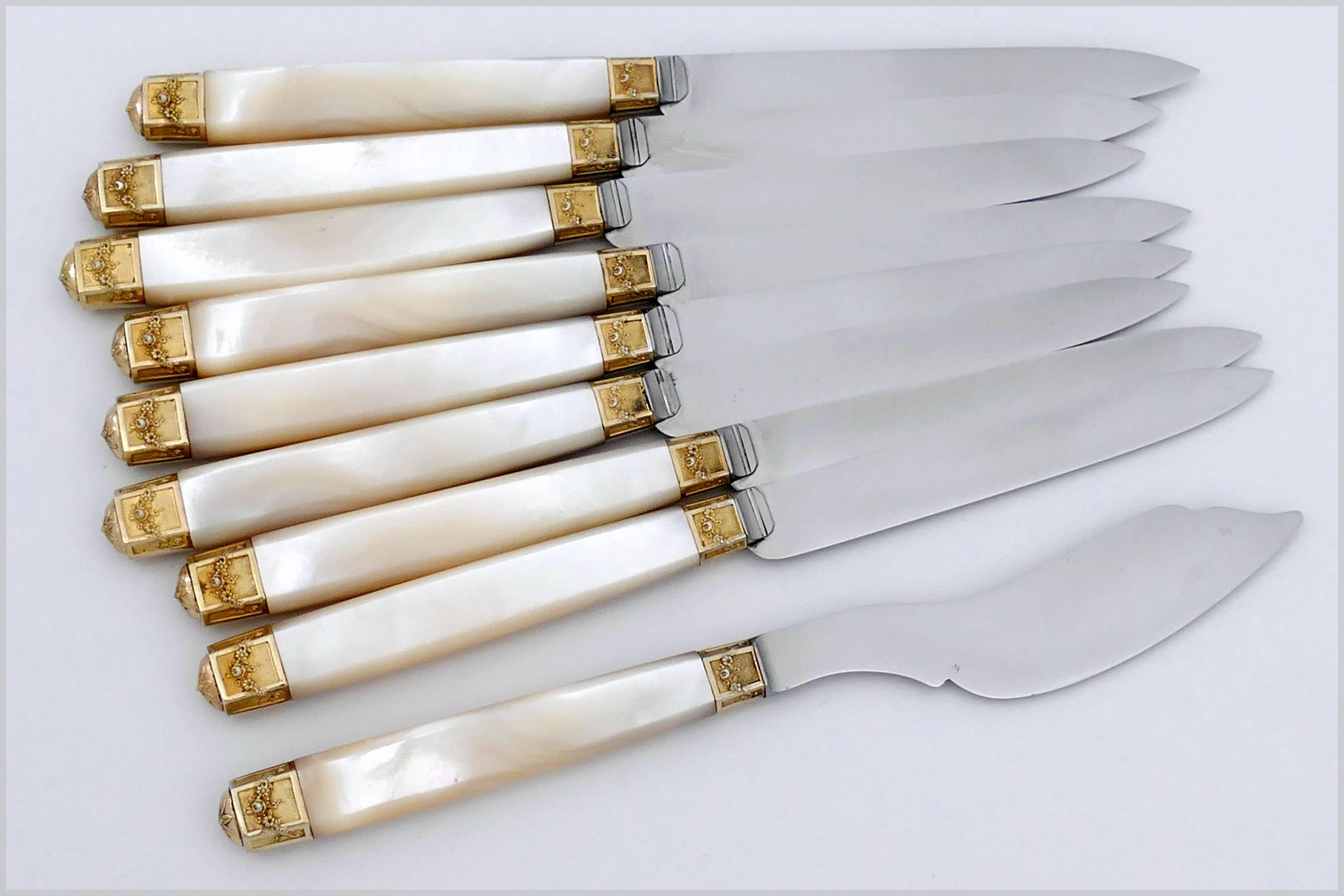 Cardeilhac French Sterling Silver 18-Karat Gold Mother-of-pearl Knife Set 4