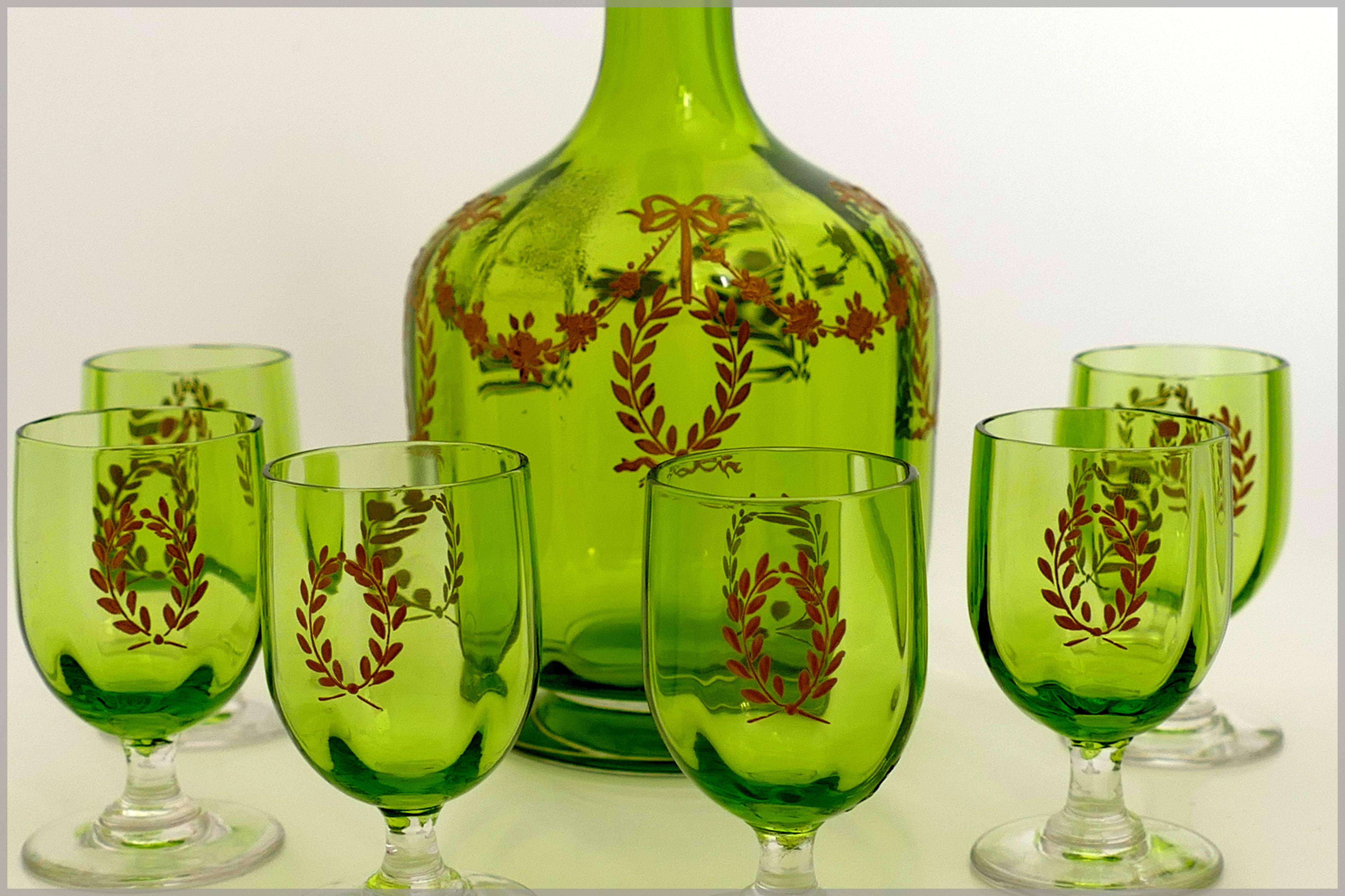 Neoclassical 1900 Rare Baccarat Gold Green Chartreuse Crystal Liquor or Aperitif Service