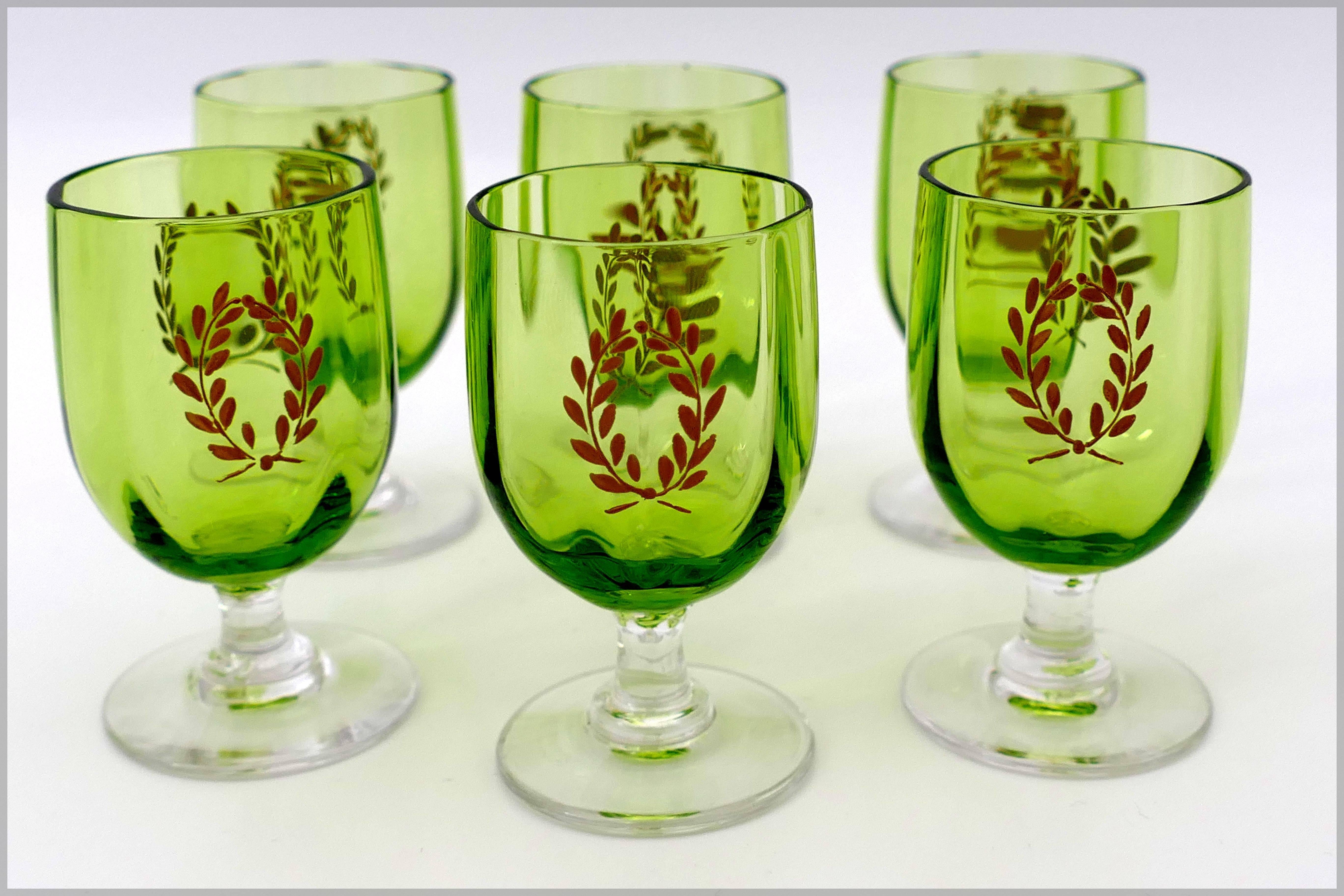 French 1900 Rare Baccarat Gold Green Chartreuse Crystal Liquor or Aperitif Service