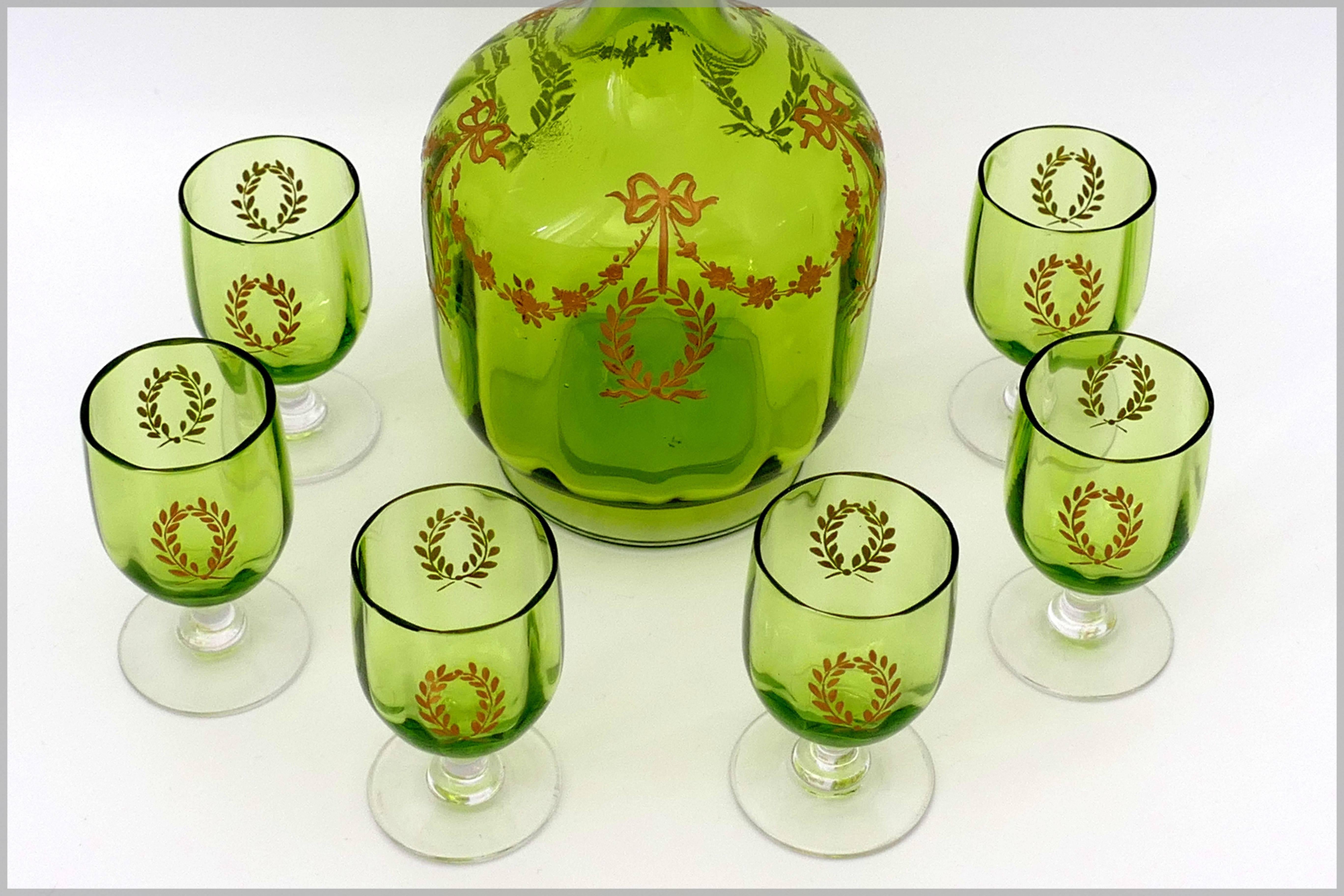 1900 Rare Baccarat Gold Green Chartreuse Crystal Liquor or Aperitif Service 1