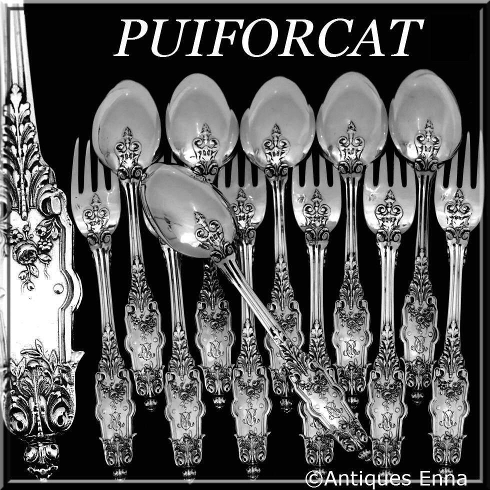 Exceptional flatware set of 12 pieces with embellishments. The handles have Louis XVI style with foliage and flowers motifs. The flatware set is plate n°50 of the Maison Puiforcat catalog, and is called 