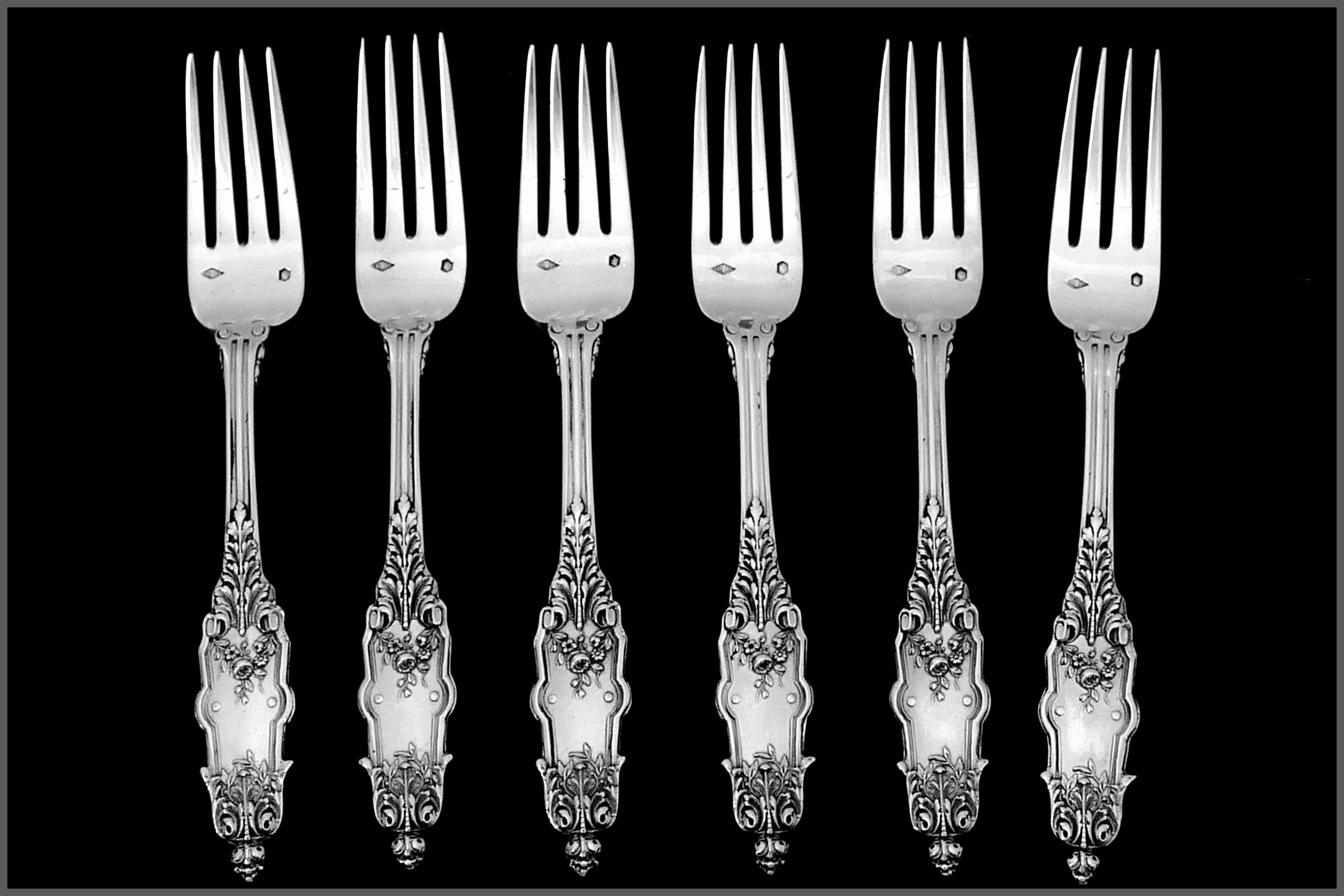 Late 19th Century Puiforcat Rare French Sterling Silver Flatware Set of 12 Pieces Acanthus For Sale