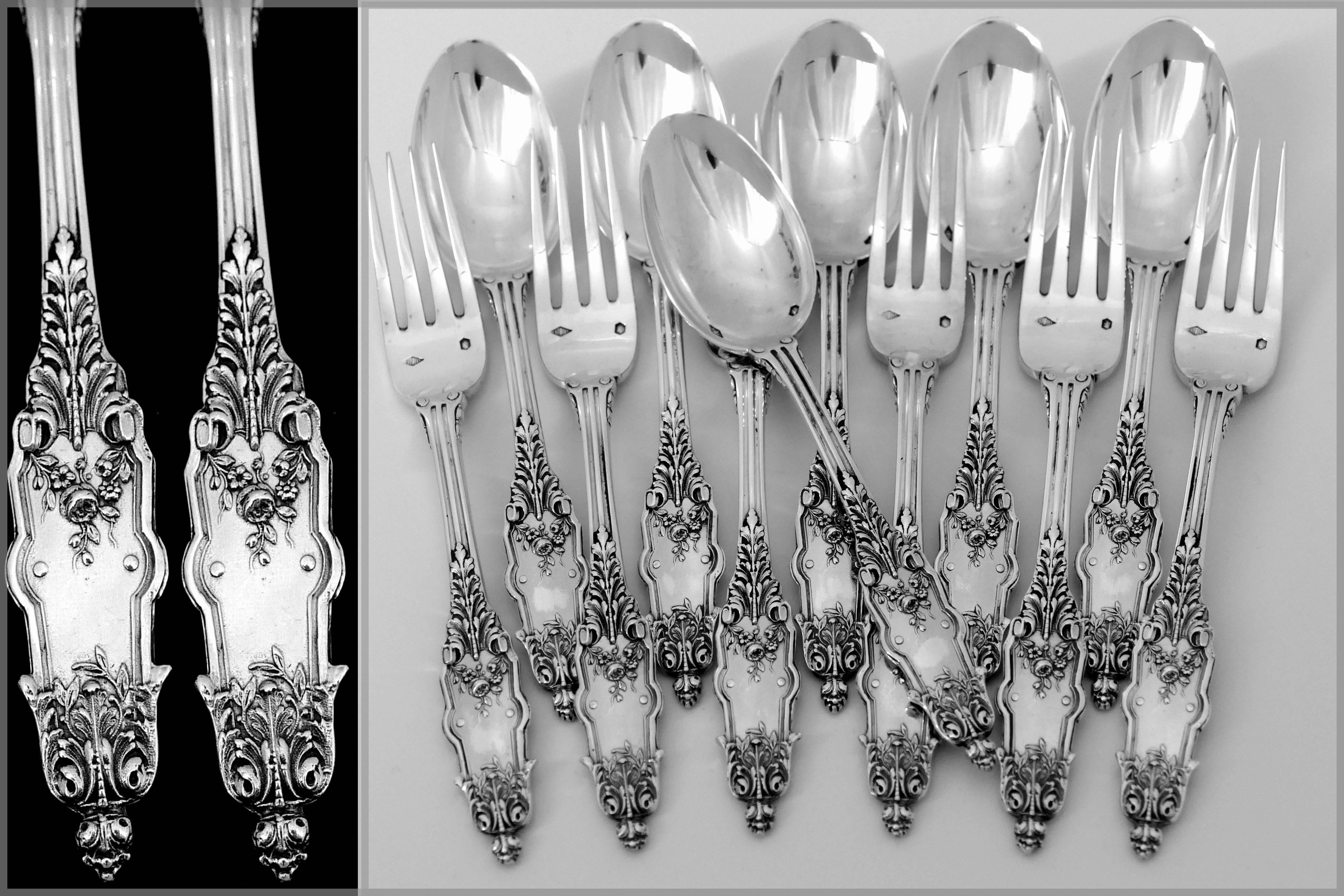 Puiforcat Rare French Sterling Silver Flatware Set of 12 Pieces Acanthus For Sale 2