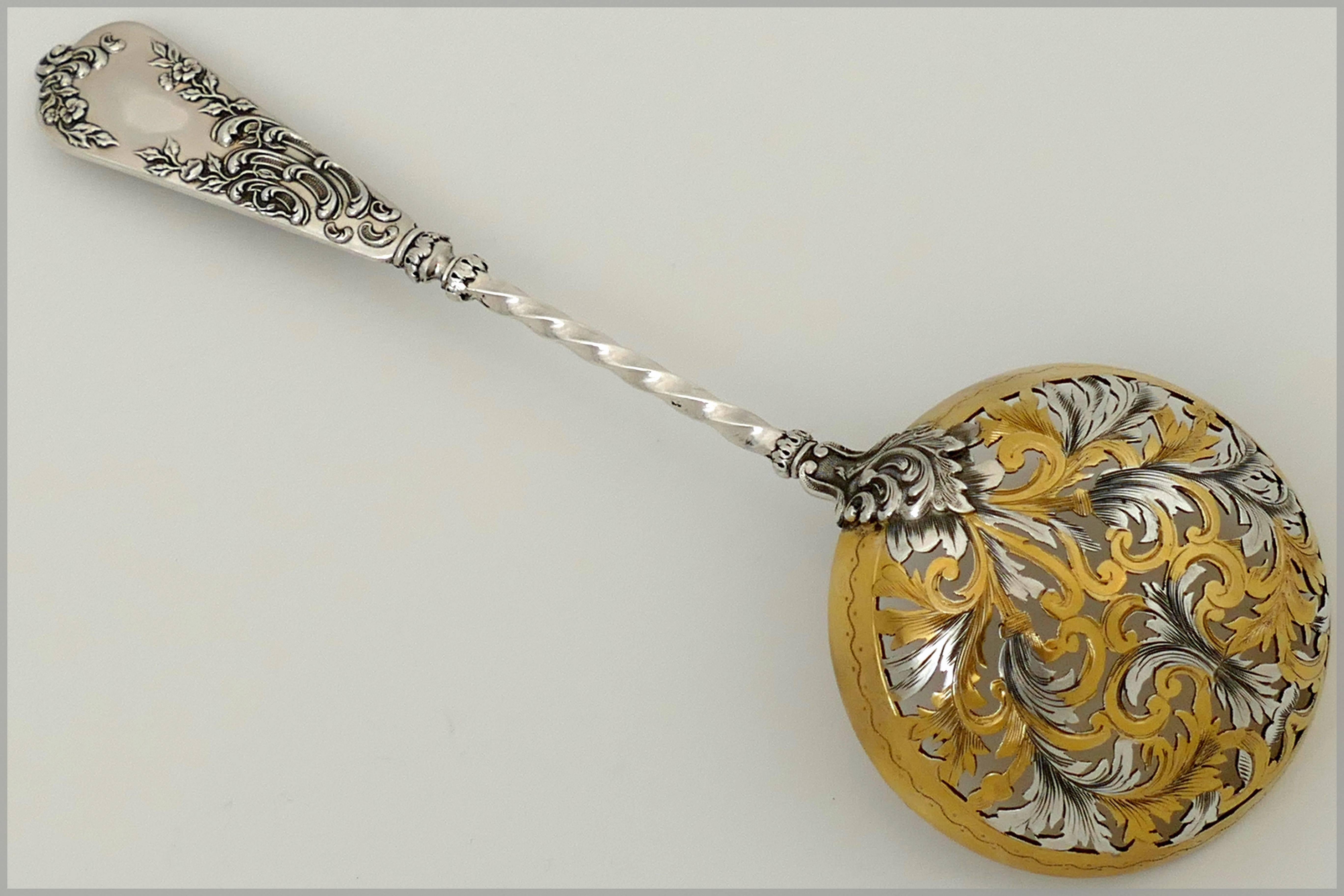 Late 19th Century Gabert Rare French Sterling Silver 18-Karat Gold Sugar Sifter Spoon Rococo