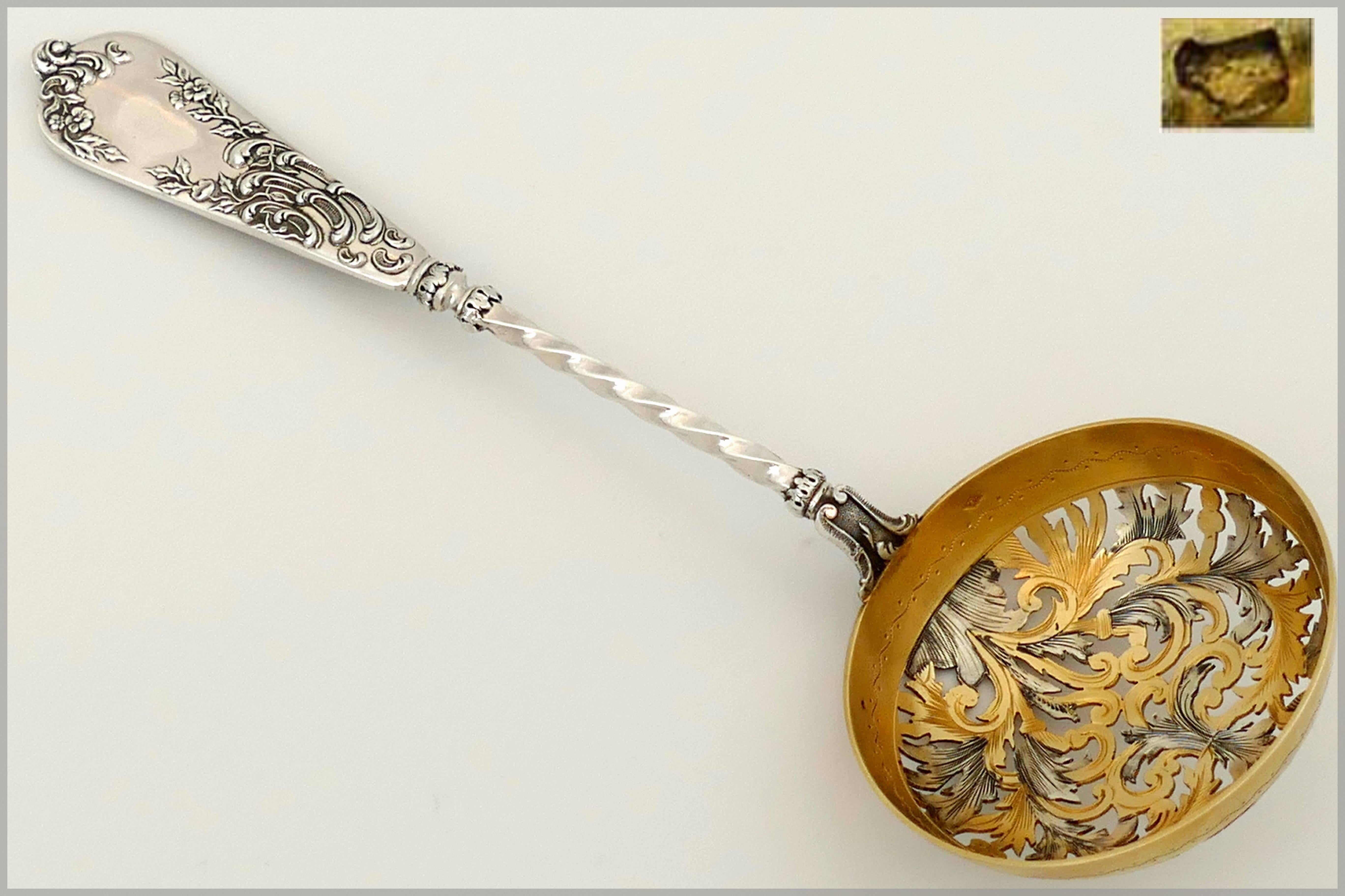 Gabert Rare French Sterling Silver 18-Karat Gold Sugar Sifter Spoon Rococo 2