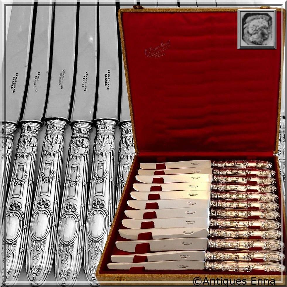 Veyrat French sterling silver dinner knife set of 12 pieces with box neoclassical.

Head of Minerve first titre on the handles for 950/1000 French sterling silver guarantee.

Twelve pieces of truly exceptional quality, for the richness of their