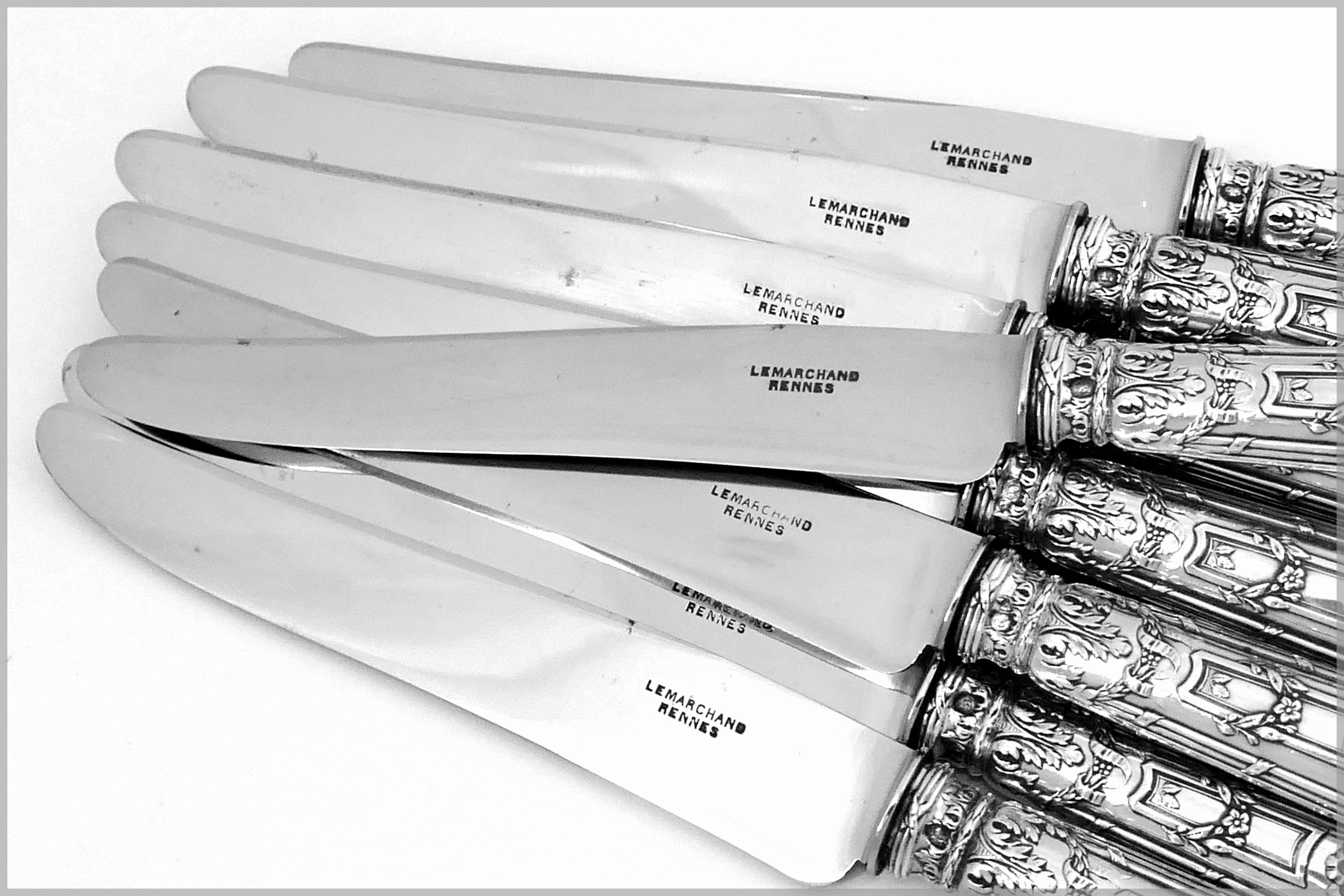 Late 19th Century Veyrat French Sterling Silver Dinner Knife Set 12 Pieces with Box Neoclassical