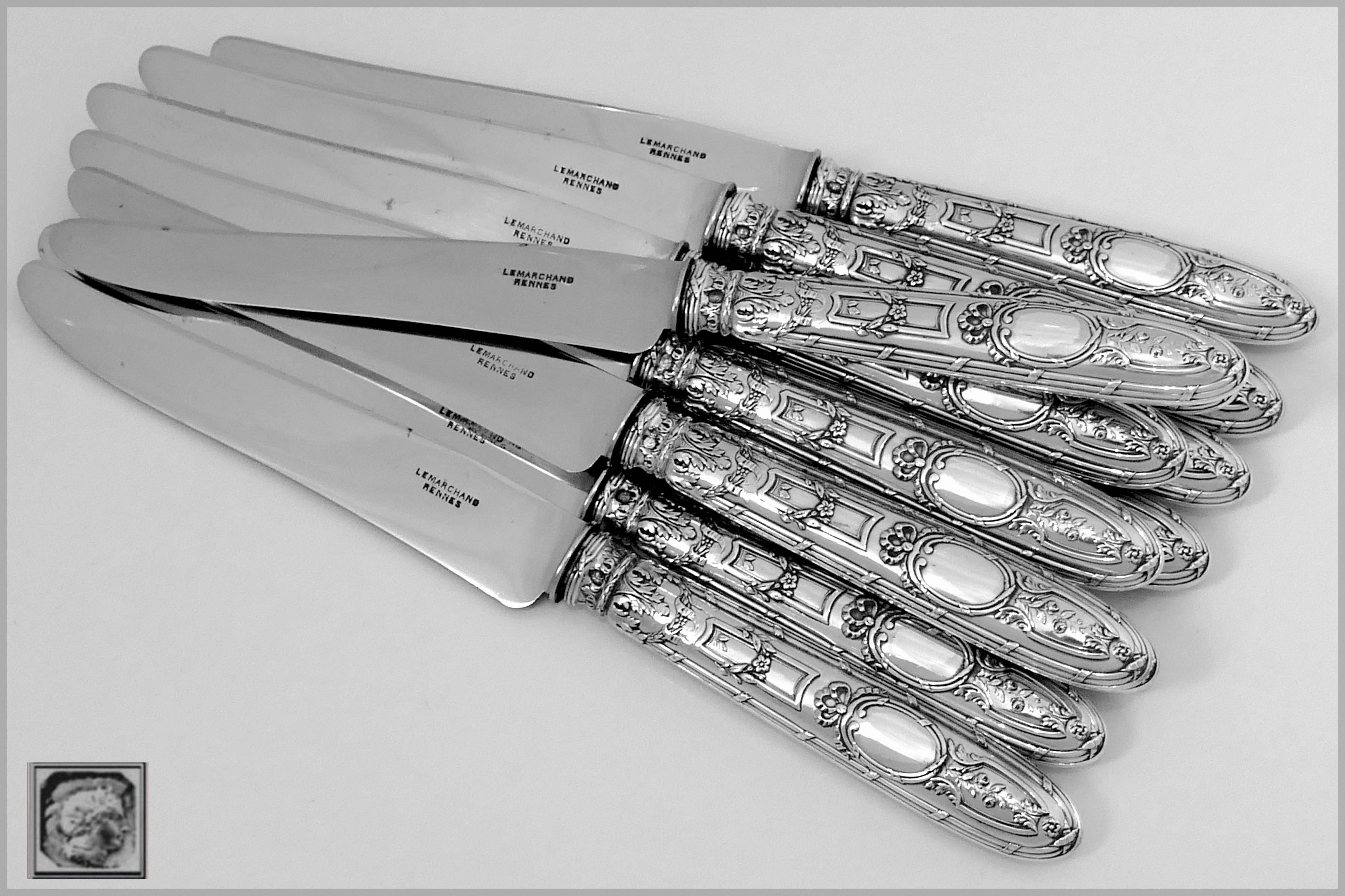 Veyrat French Sterling Silver Dinner Knife Set 12 Pieces with Box Neoclassical 2