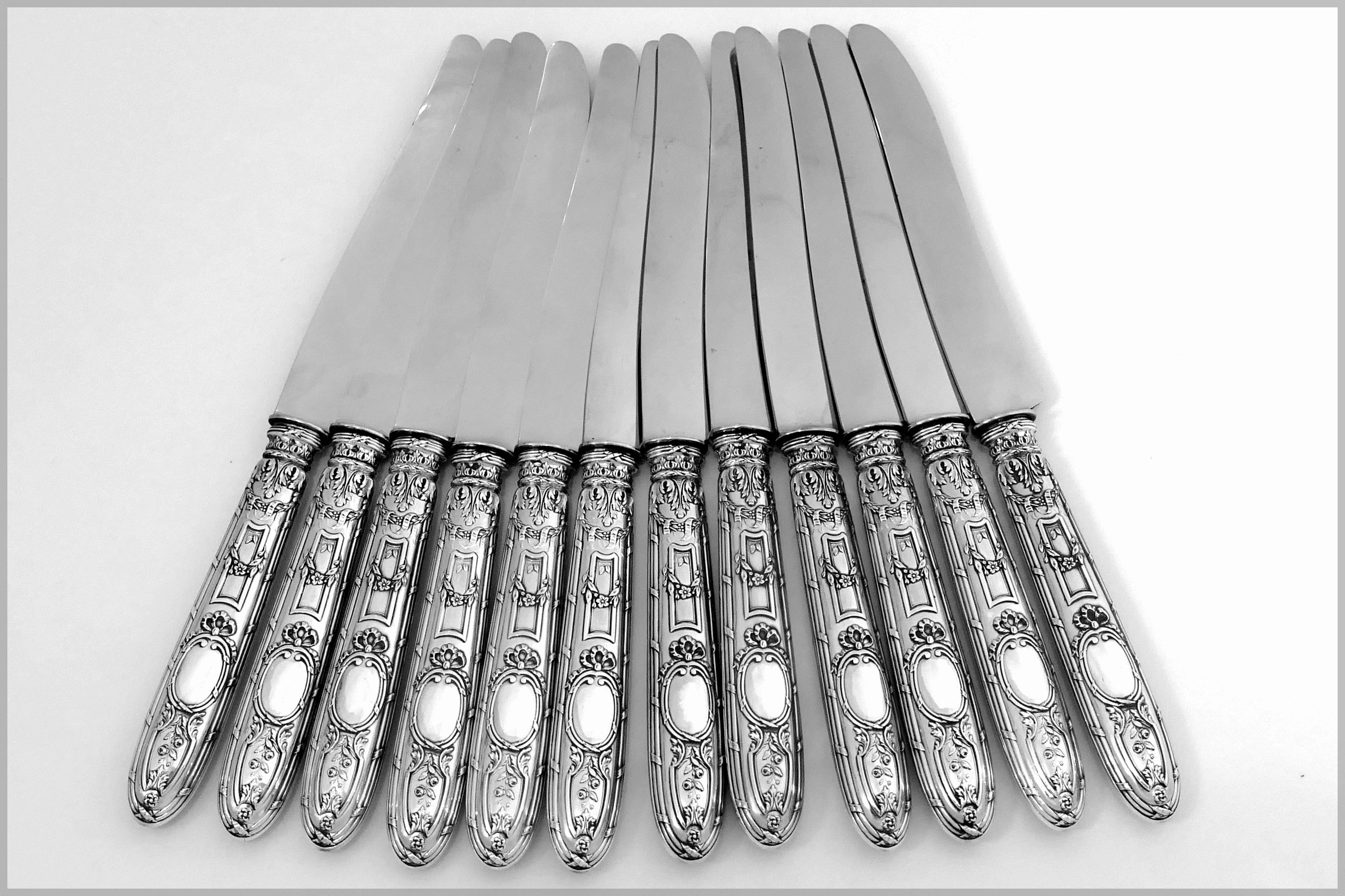 Veyrat French Sterling Silver Dinner Knife Set 12 Pieces with Box Neoclassical 4