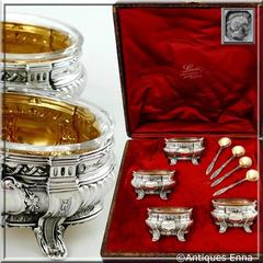Ravinet French Sterling Silver 18-Karat Gold Four Salt Cellars, Spoons, Box
