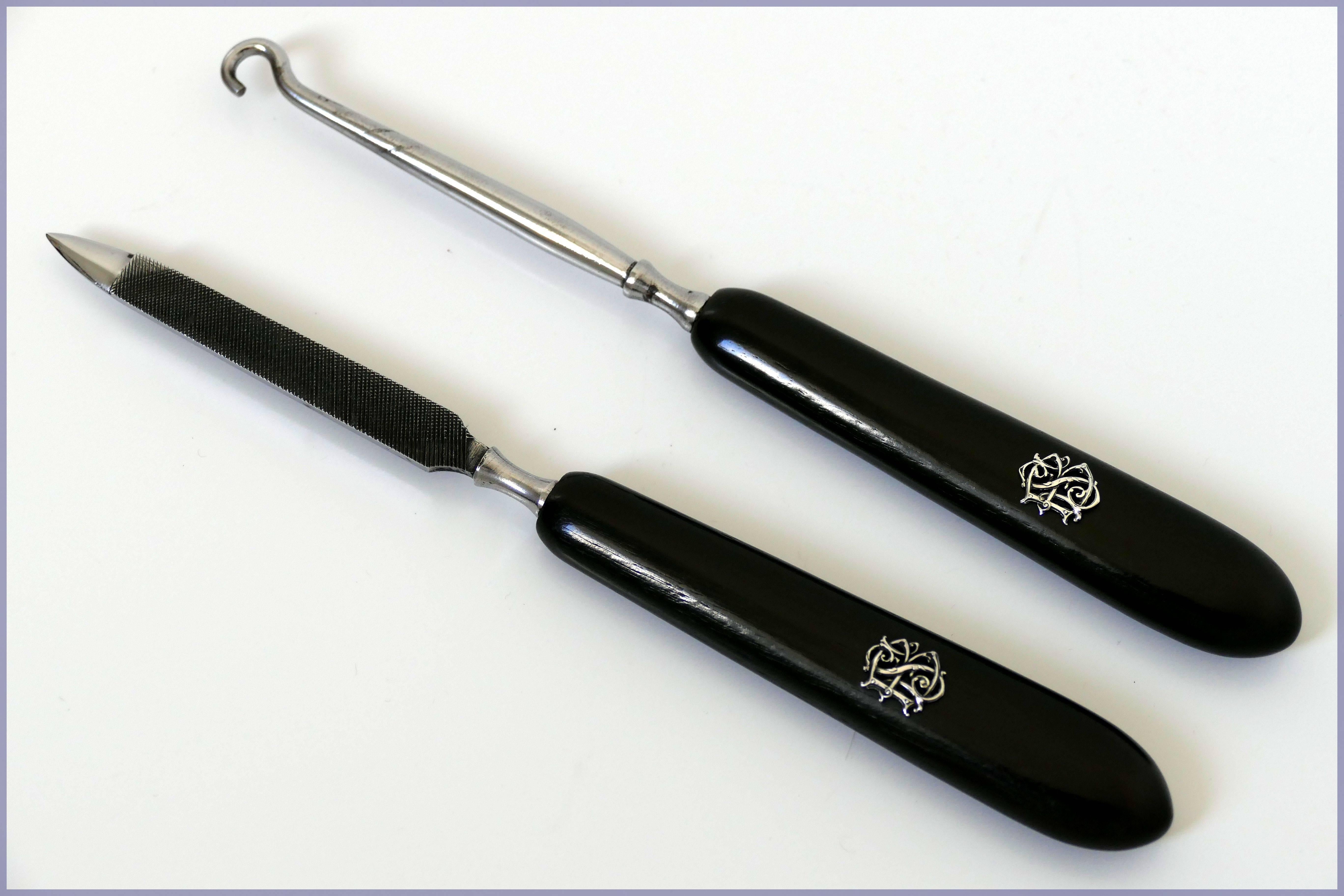 Antique French Sterling Silver Ebony Travel Vanity Set with Original Case For Sale 4