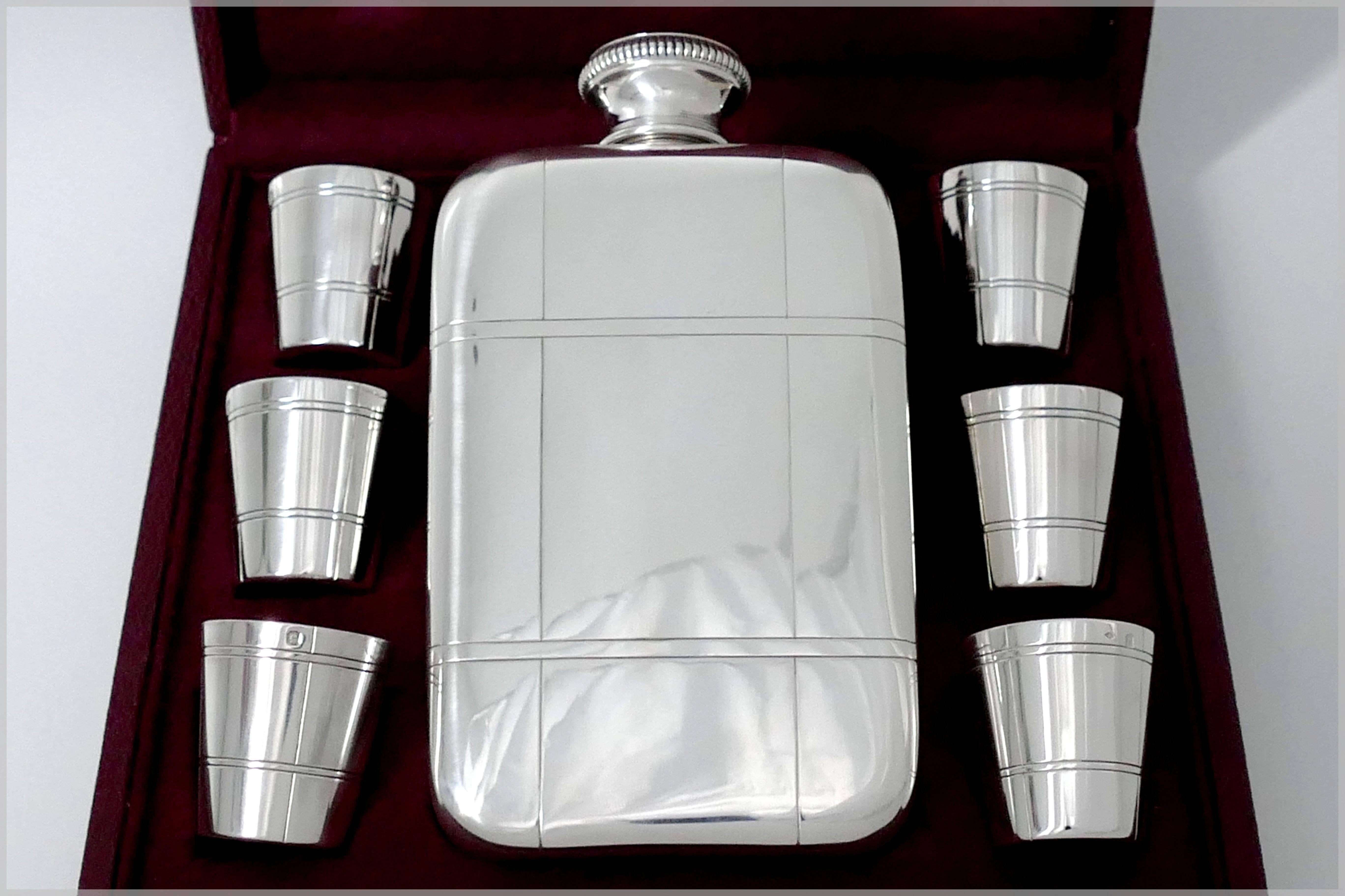 Contemporary Rare French All Sterling Silver Hip Flask Gift Set with Six Cups, Original Case