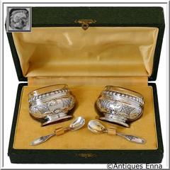 Bezon French Sterling Silver 18K Gold Salt Cellars Pair, Spoons, Box, Regence