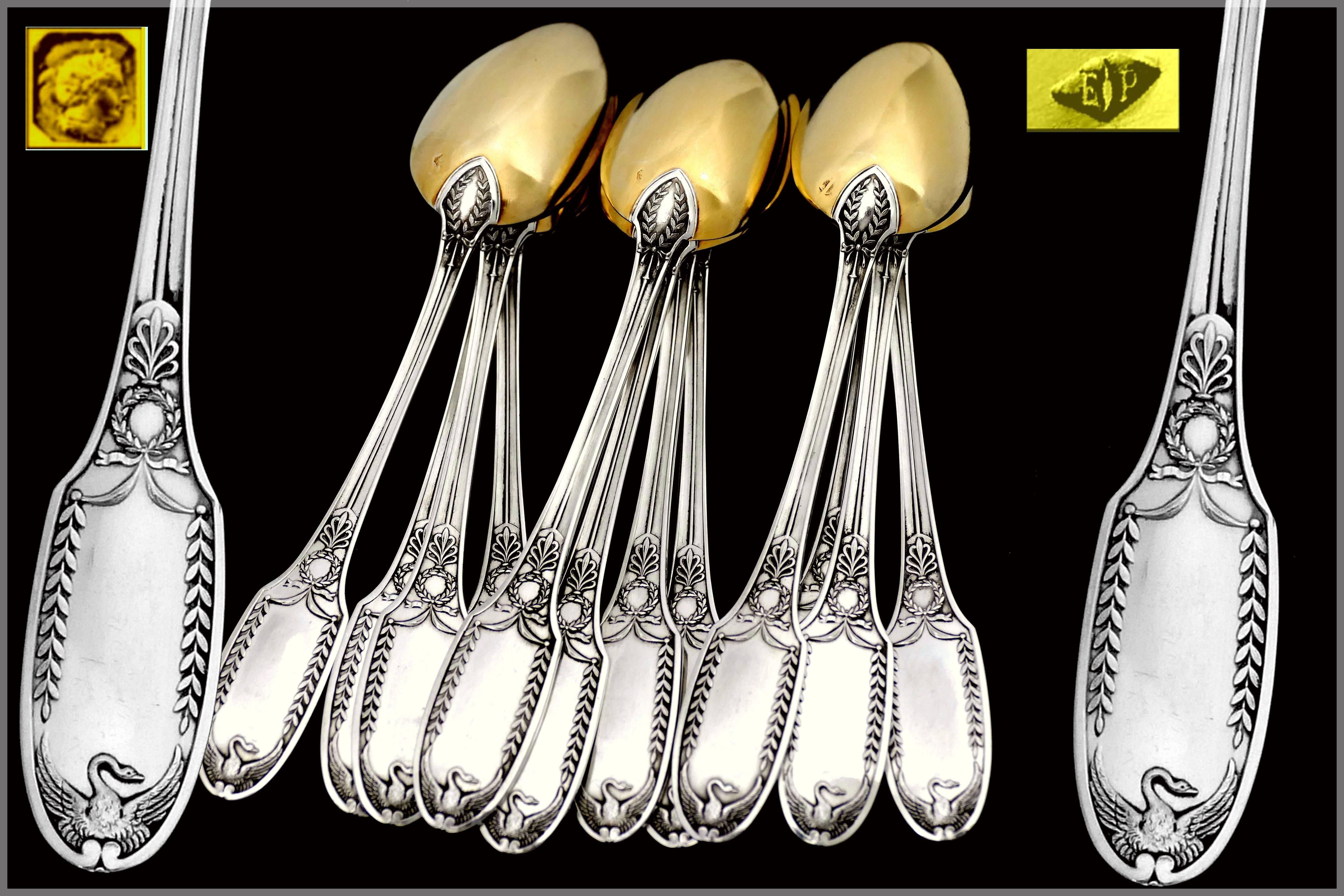 Puiforcat French All Sterling Silver 18-Karat Gold Tea Coffee Spoons Set Swans 1