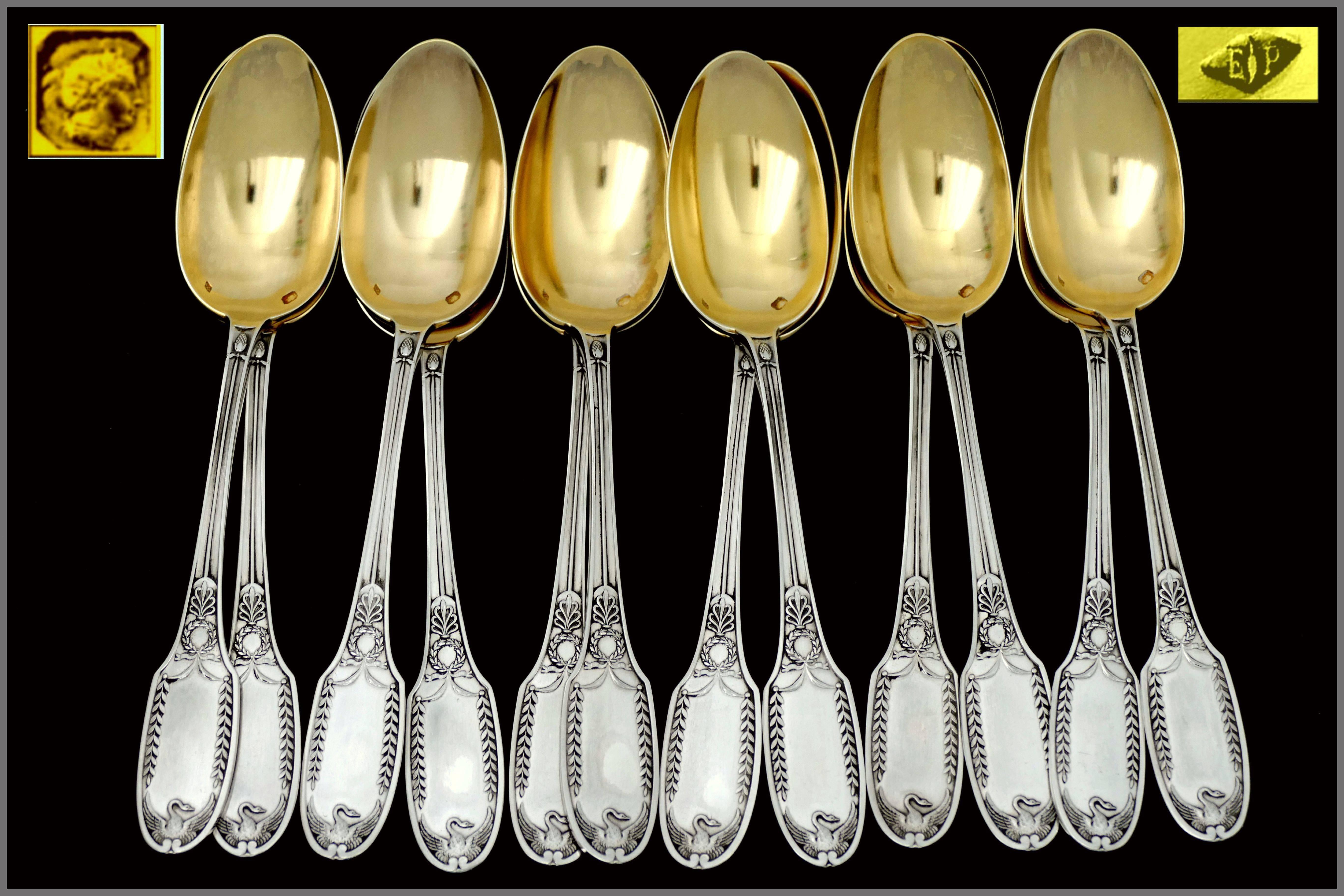 Late 19th Century Puiforcat French All Sterling Silver 18-Karat Gold Tea Coffee Spoons Set Swans