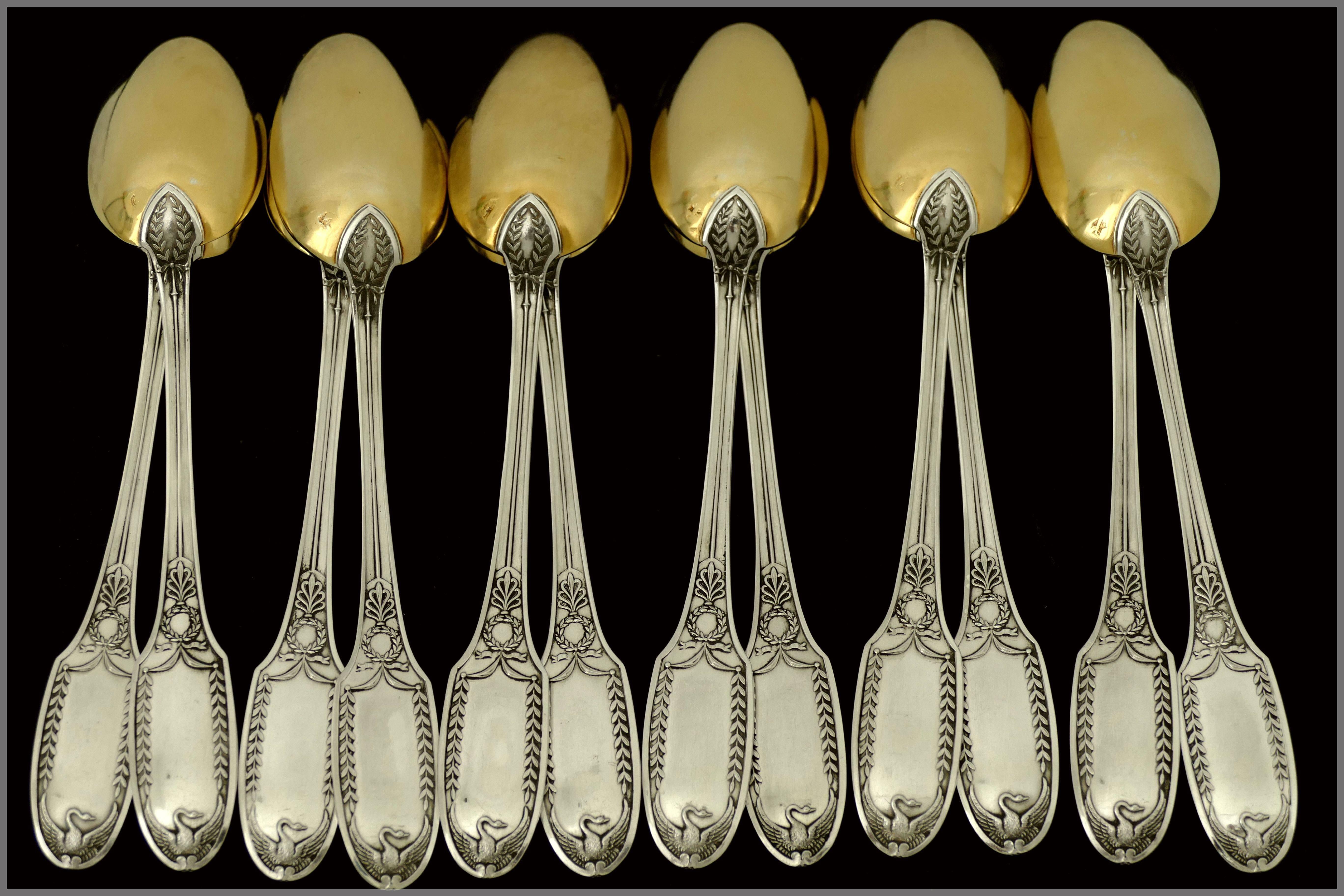 Puiforcat French All Sterling Silver 18-Karat Gold Tea Coffee Spoons Set Swans 2